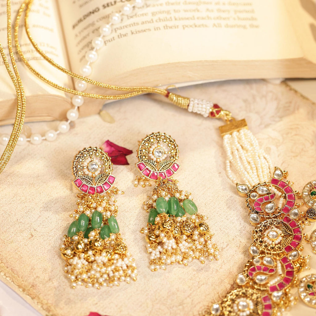 Handmade Kundan Bridal Choker Necklace Set Jhumka Earrings  Gold Plated Peacock Motif Royal Haar