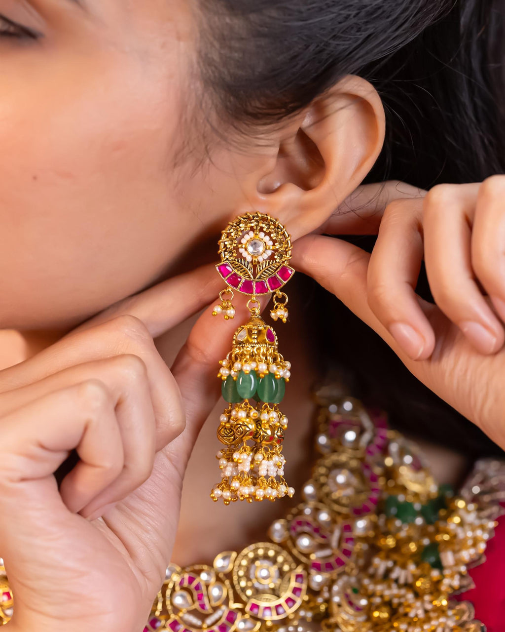 Handmade Kundan Bridal Choker Necklace Set Jhumka Earrings  Gold Plated Peacock Motif Royal Haar