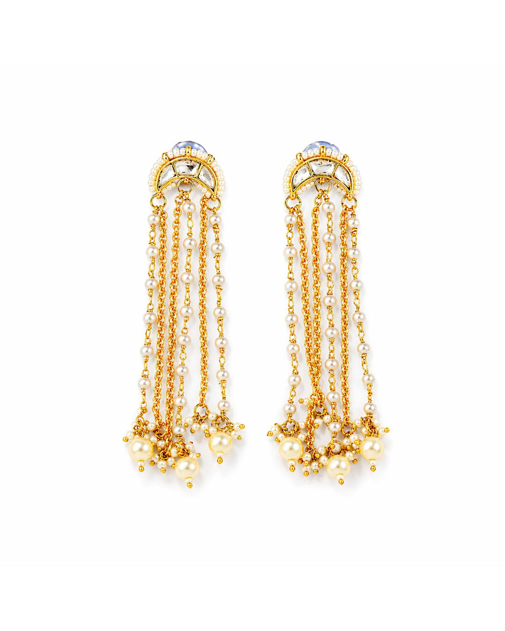 Multi Layer Pearl Chain Chand Earrings, Pachi Kundan Bridal Statement Jewellery