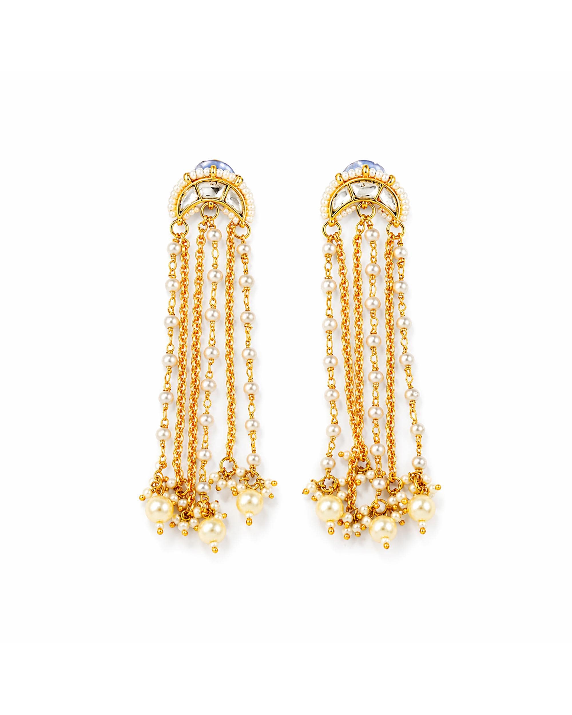 Multi Layer Pearl Chain Chand Earrings, Pachi Kundan Bridal Statement Jewellery