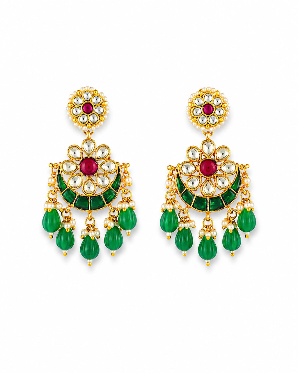 Pachi Kundan Chandbali Earrings, Emerald Lotus Bridal Jewelry, Indian Wedding Festive