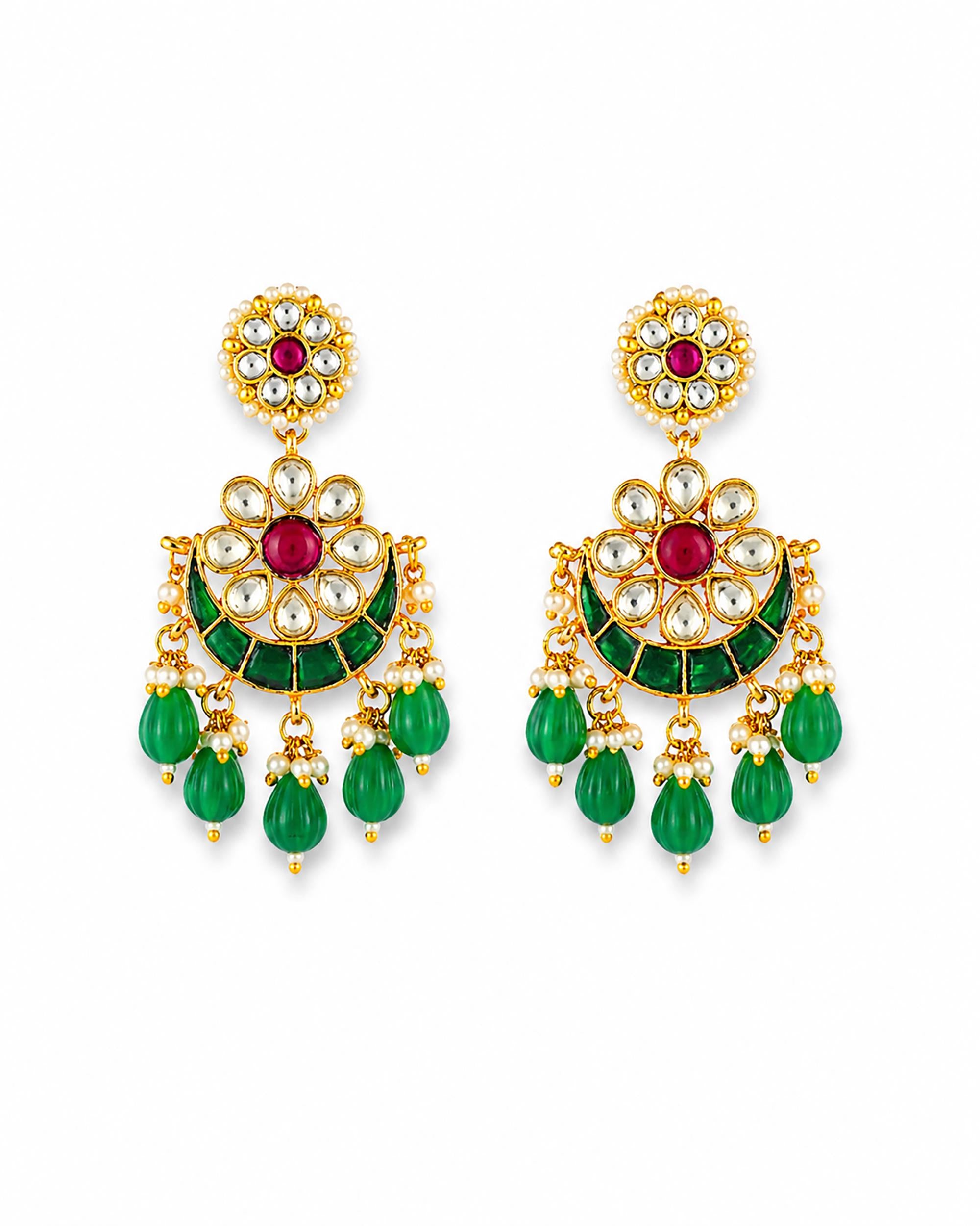 Pachi Kundan Chandbali Earrings, Emerald Lotus Bridal Jewelry, Indian Wedding Festive