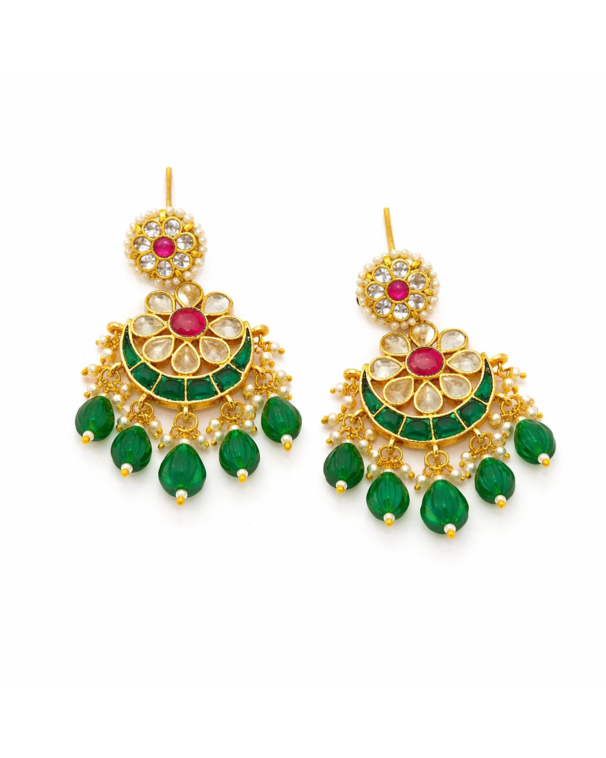 Pachi Kundan Chandbali Earrings, Emerald Lotus Bridal Jewelry, Indian Wedding Festive