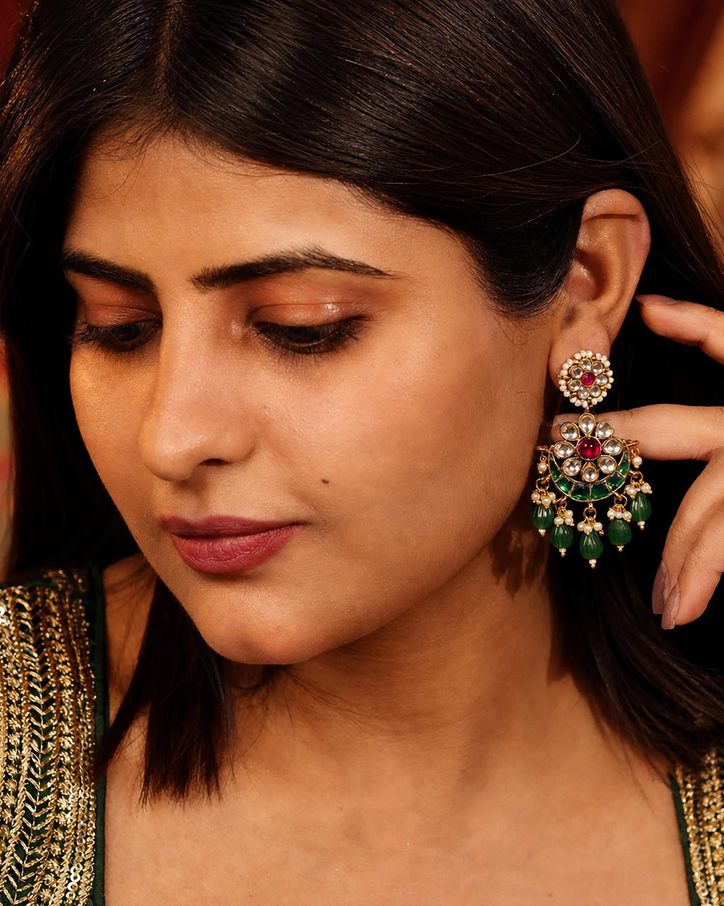 Pachi Kundan Chandbali Earrings, Emerald Lotus Bridal Jewelry, Indian Wedding Festive