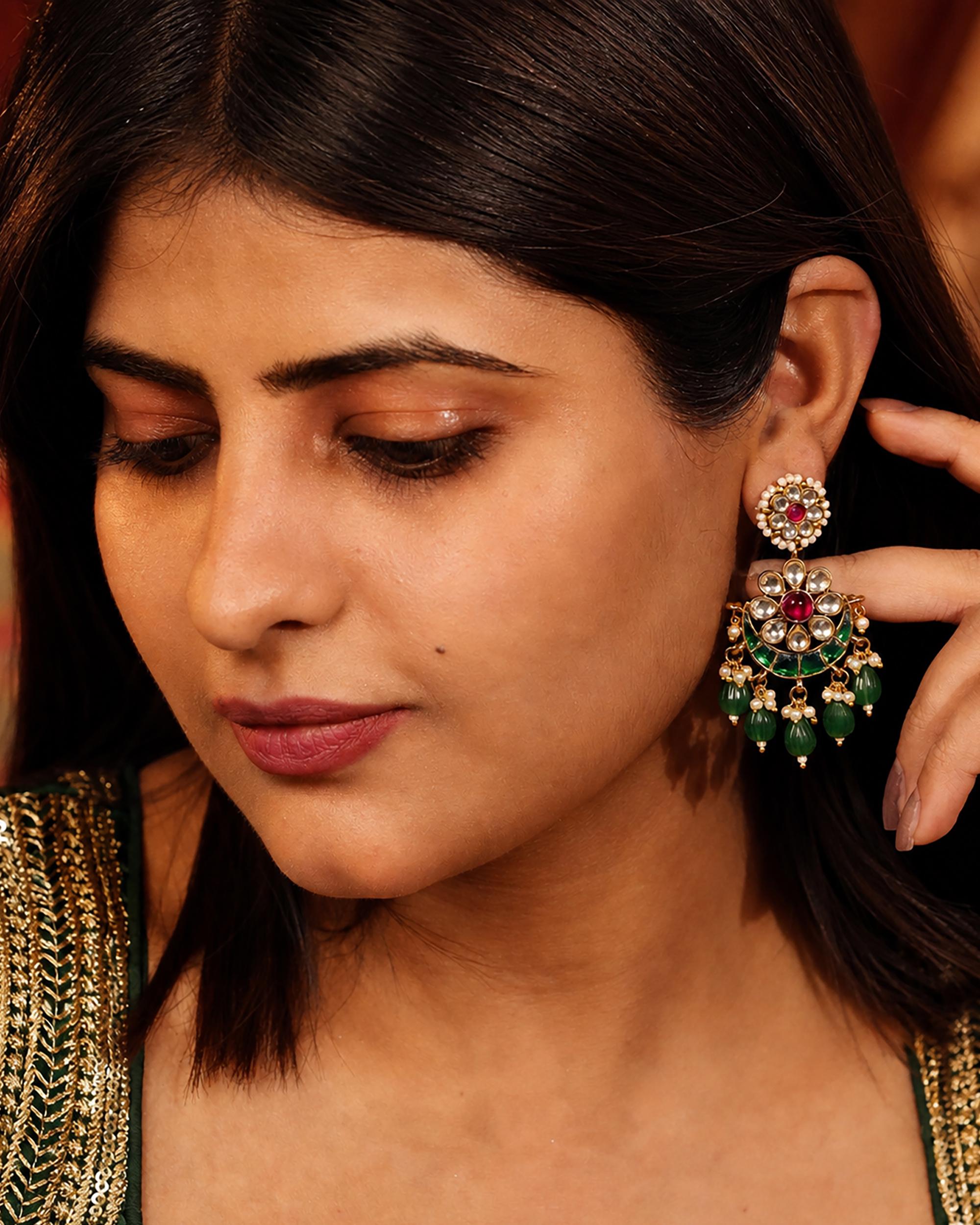 Pachi Kundan Chandbali Earrings, Emerald Lotus Bridal Jewelry, Indian Wedding Festive