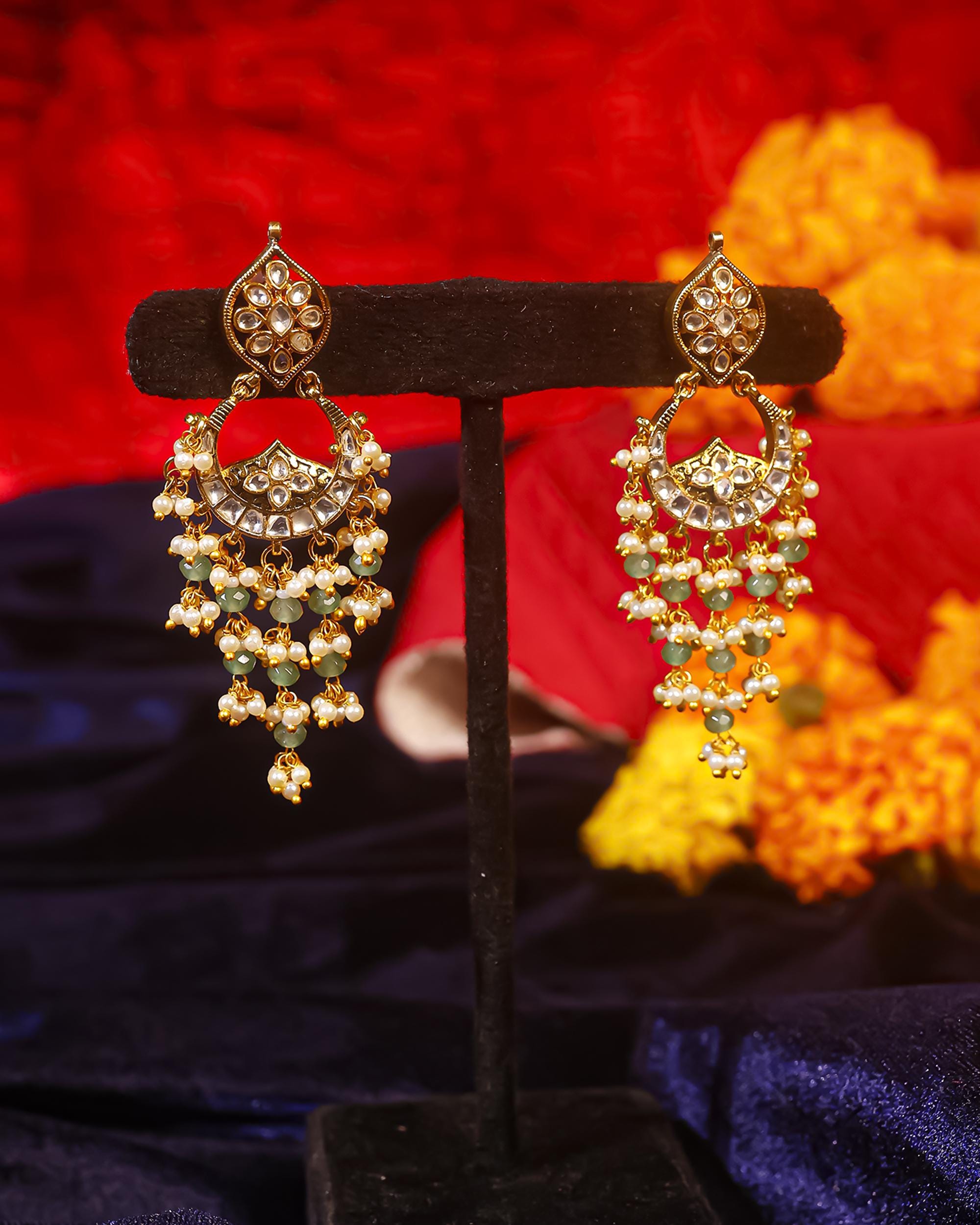 Heritage Pachi Kundan Chandbali Earrings with Mint Green Beads & Pearls  Indian Festive Jewellery