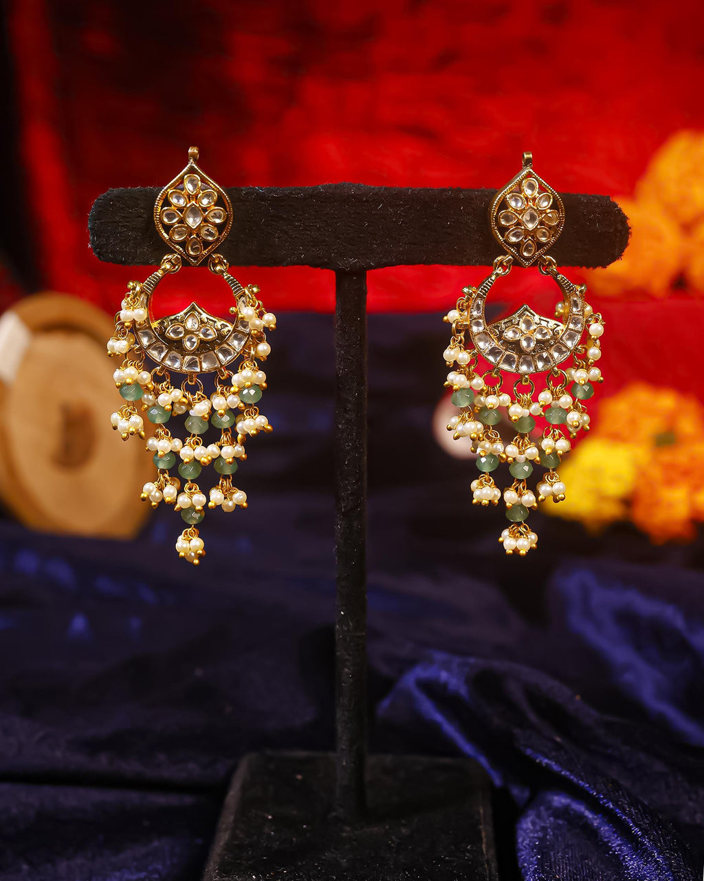 Heritage Pachi Kundan Chandbali Earrings with Mint Green Beads & Pearls  Indian Festive Jewellery