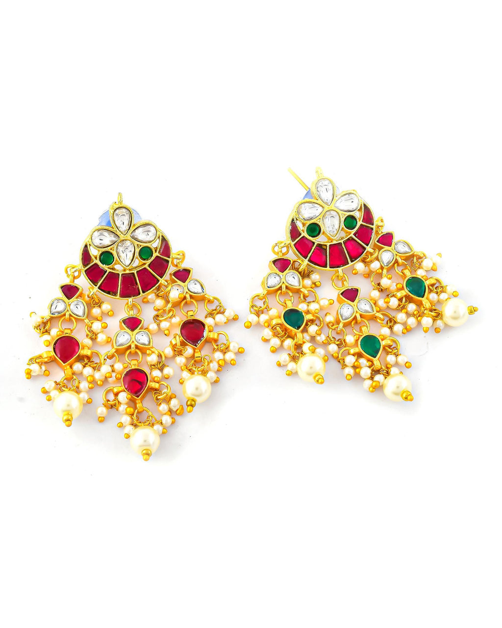 Pachi Kundan Chandbali Earrings, Ruby Emerald Pearl Latkan, Indian Bridal Jewelry