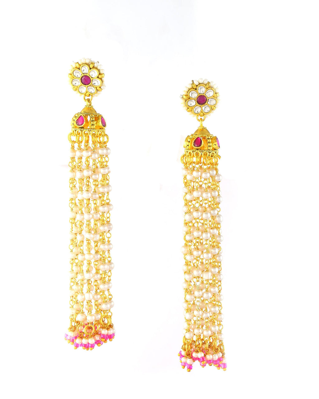 Long Pearl Tassel Jhumka Earrings, Pachi Kundan Bridal Wedding Jewelry