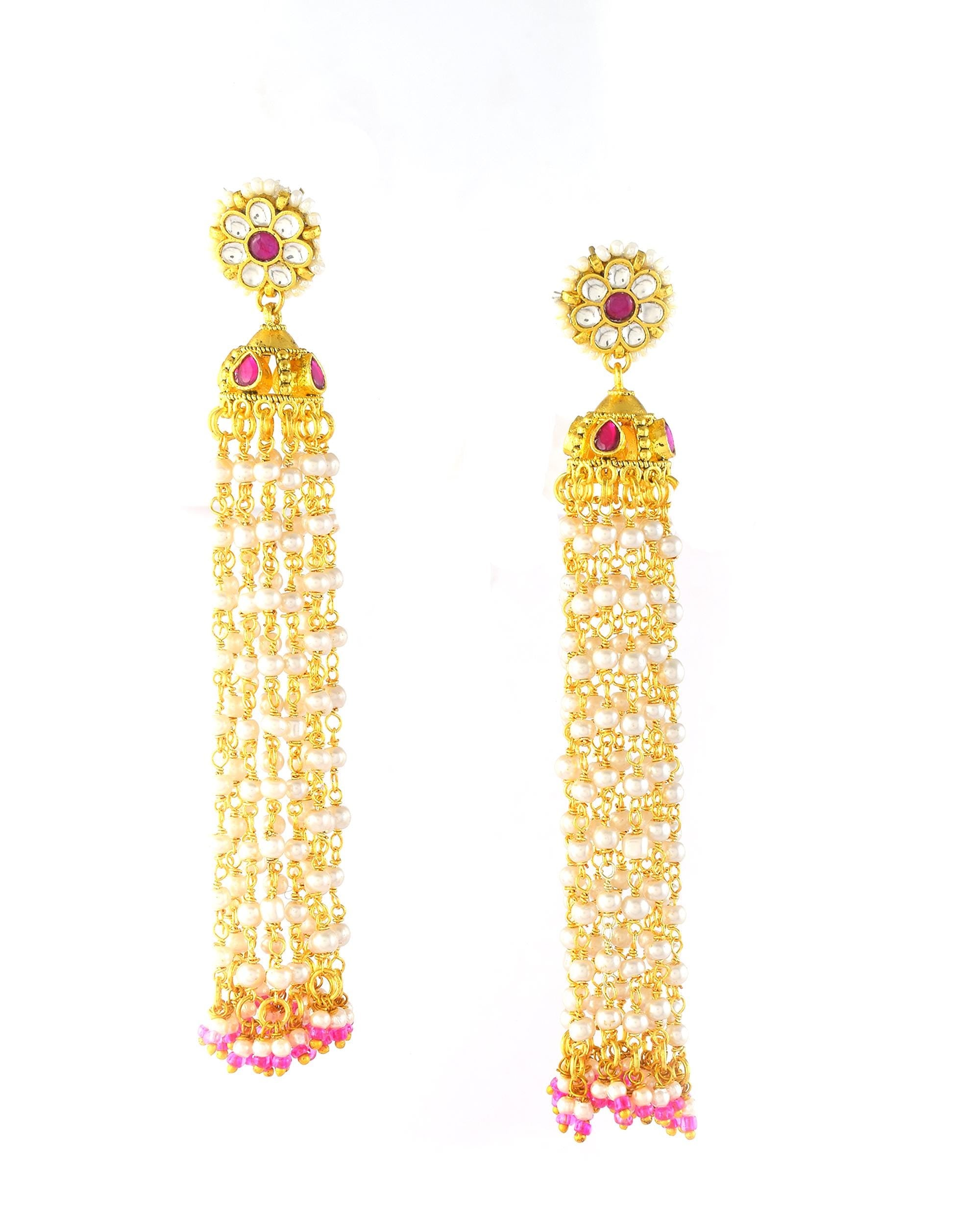 Long Pearl Tassel Jhumka Earrings, Pachi Kundan Bridal Wedding Jewelry