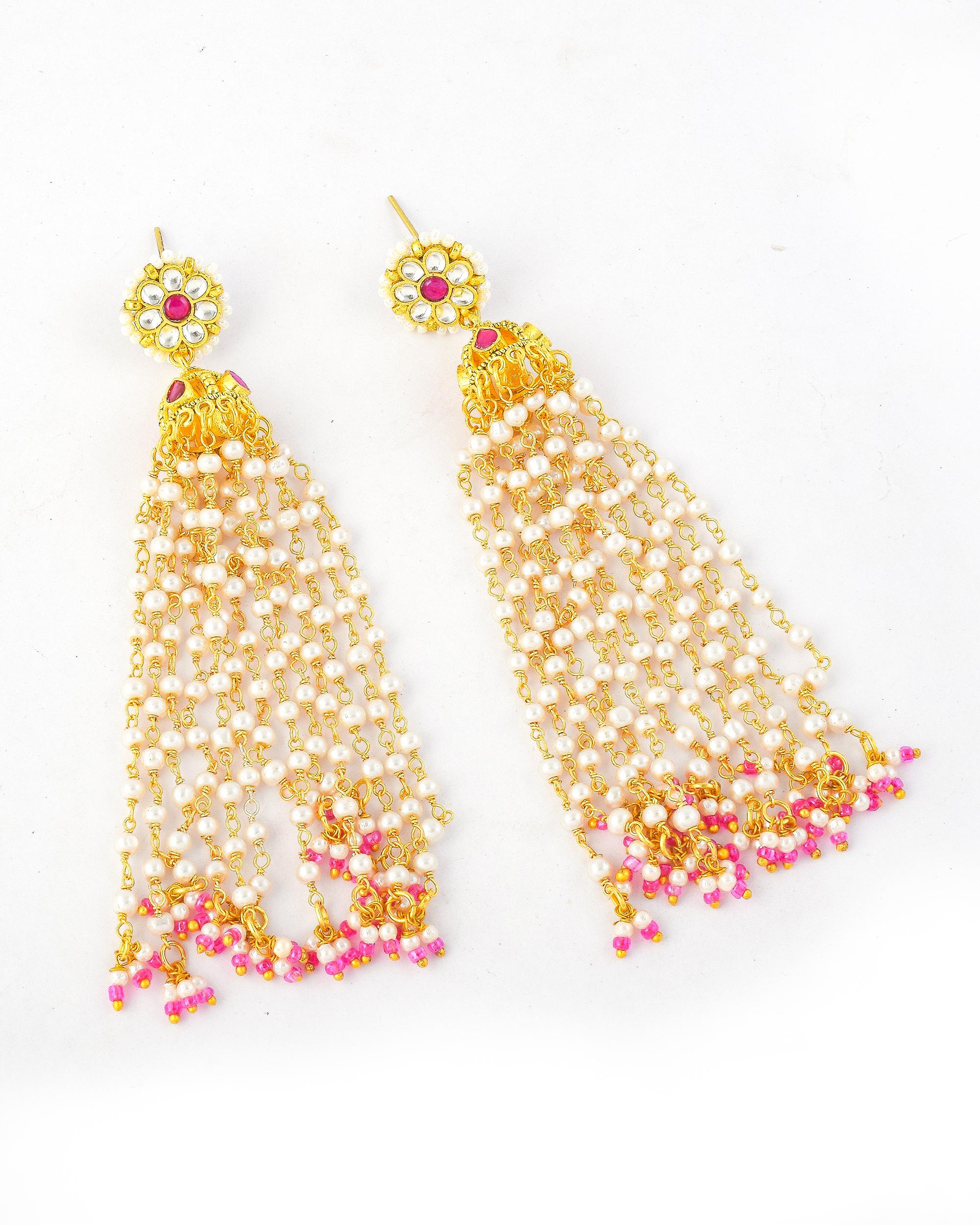 Long Pearl Tassel Jhumka Earrings, Pachi Kundan Bridal Wedding Jewelry