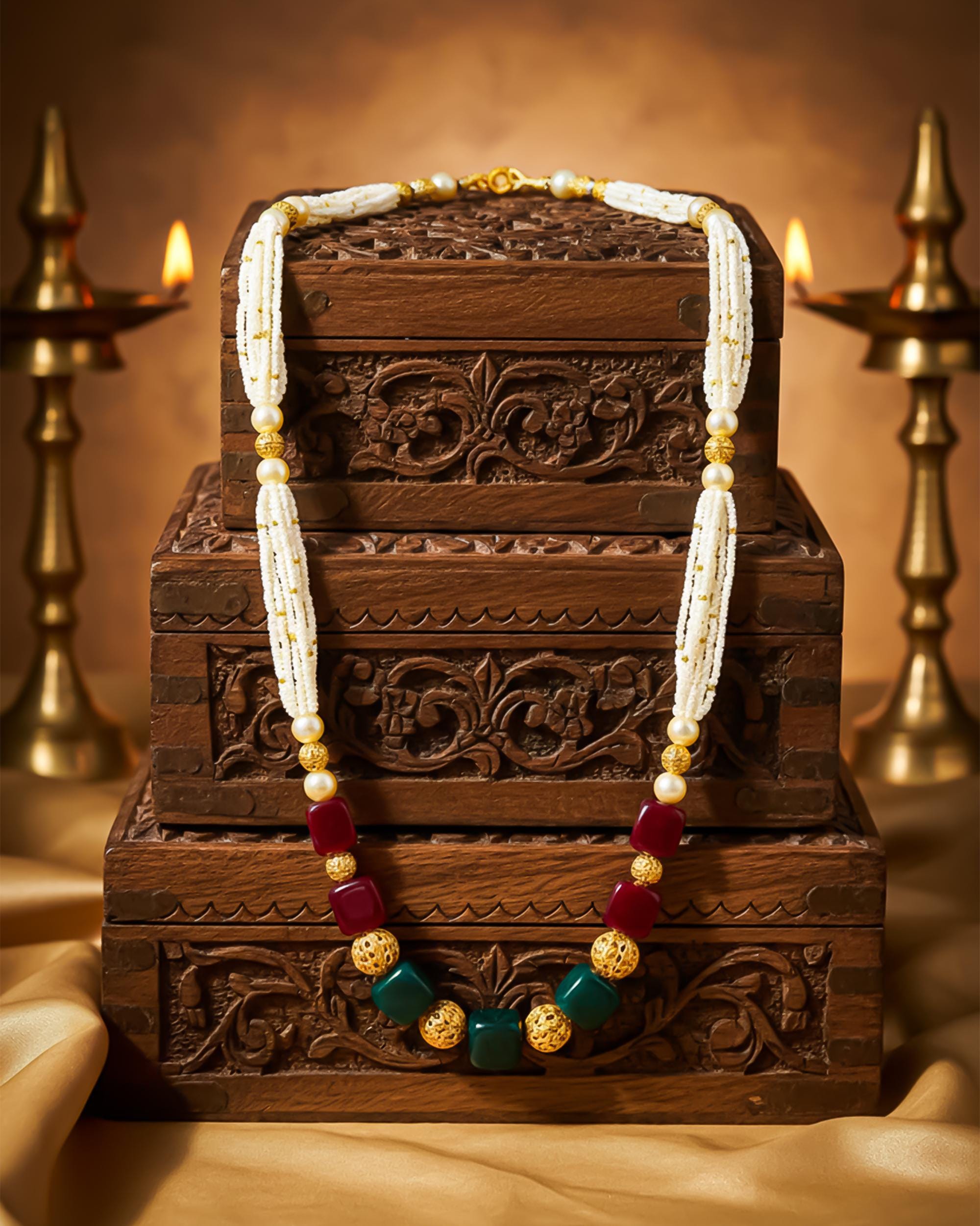 Multi Strand Pearl Mala Necklace with Ruby, Emerald Gemstones, Gold Filigree Indian Jewelry