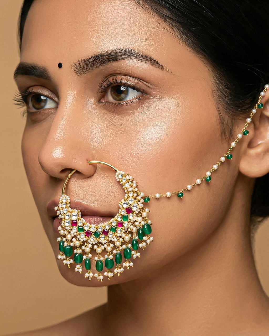 bridal nath Traditional Bridal Nath with Sahara Chain, Kundan Pearl Nose Ring, Green Drops, Ethnic Jewelry