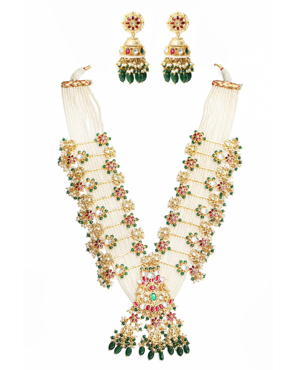 Kundan Pearl Long Mala Necklace Set with Jhumka Earrings  Indian Wedding Jewelry