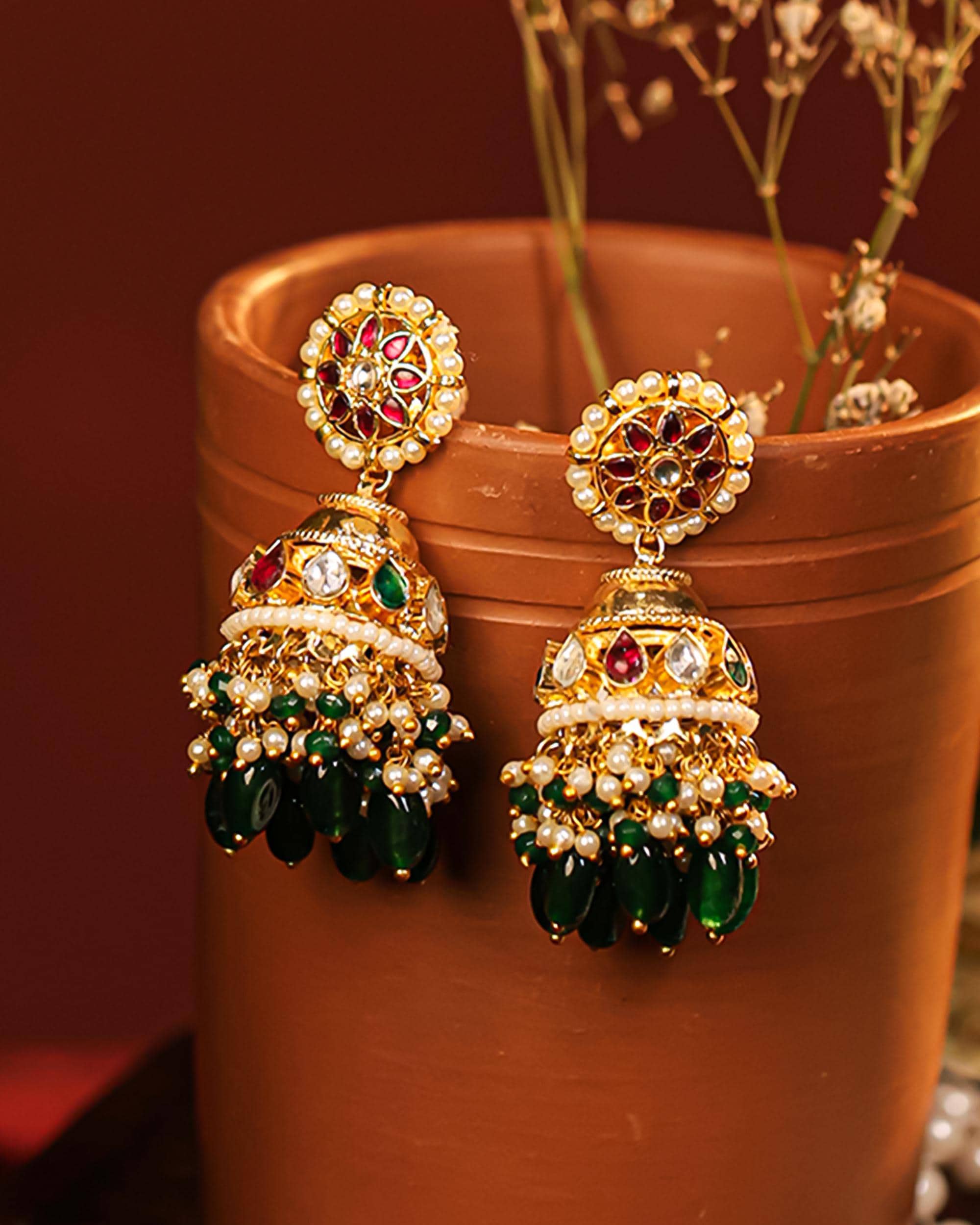 Kundan Pearl Long Mala Necklace Set with Jhumka Earrings  Indian Wedding Jewelry