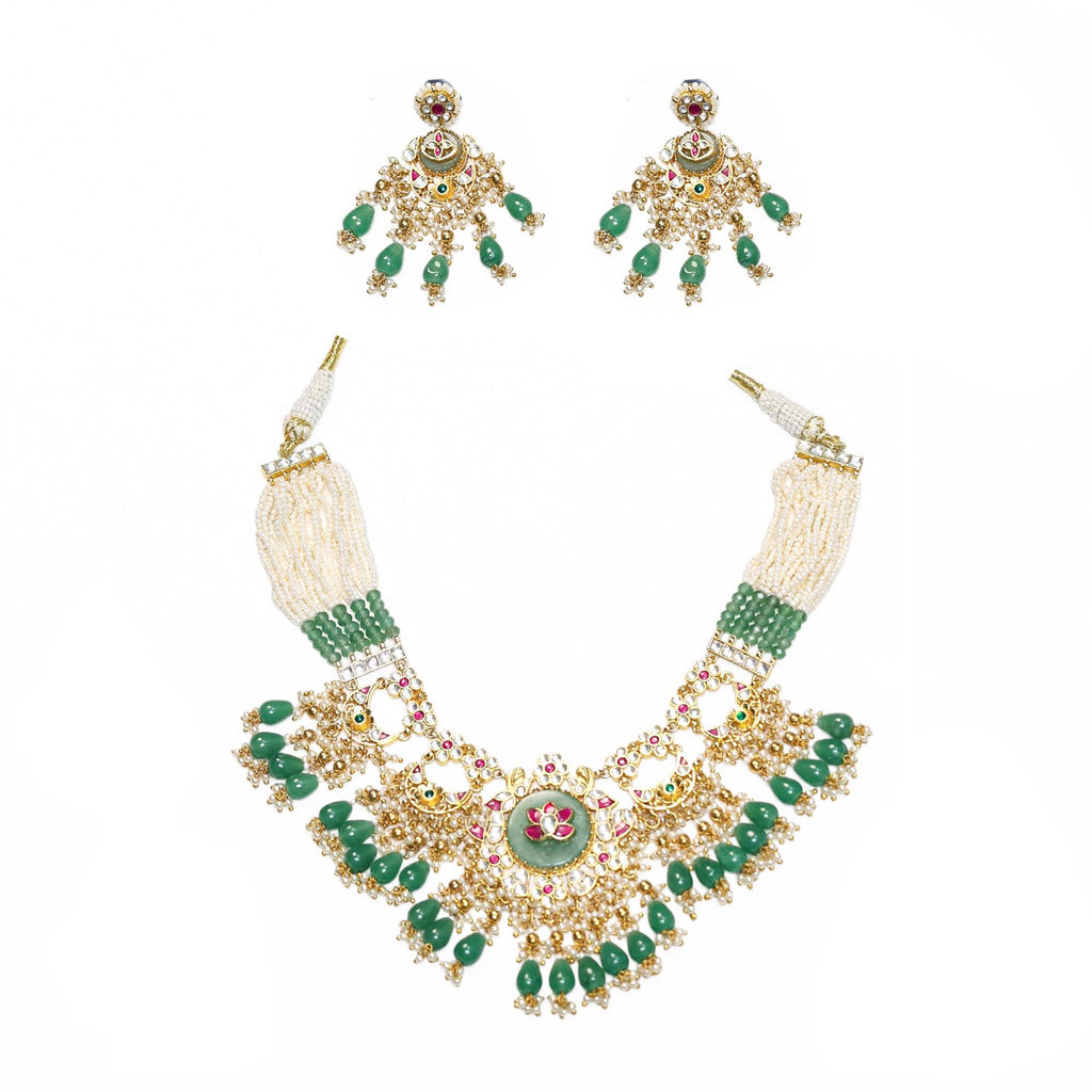 Royal Jadau Kundan Choker Necklace Set  Meenakari Lotus Pendant, Pearl Strands, Earrings