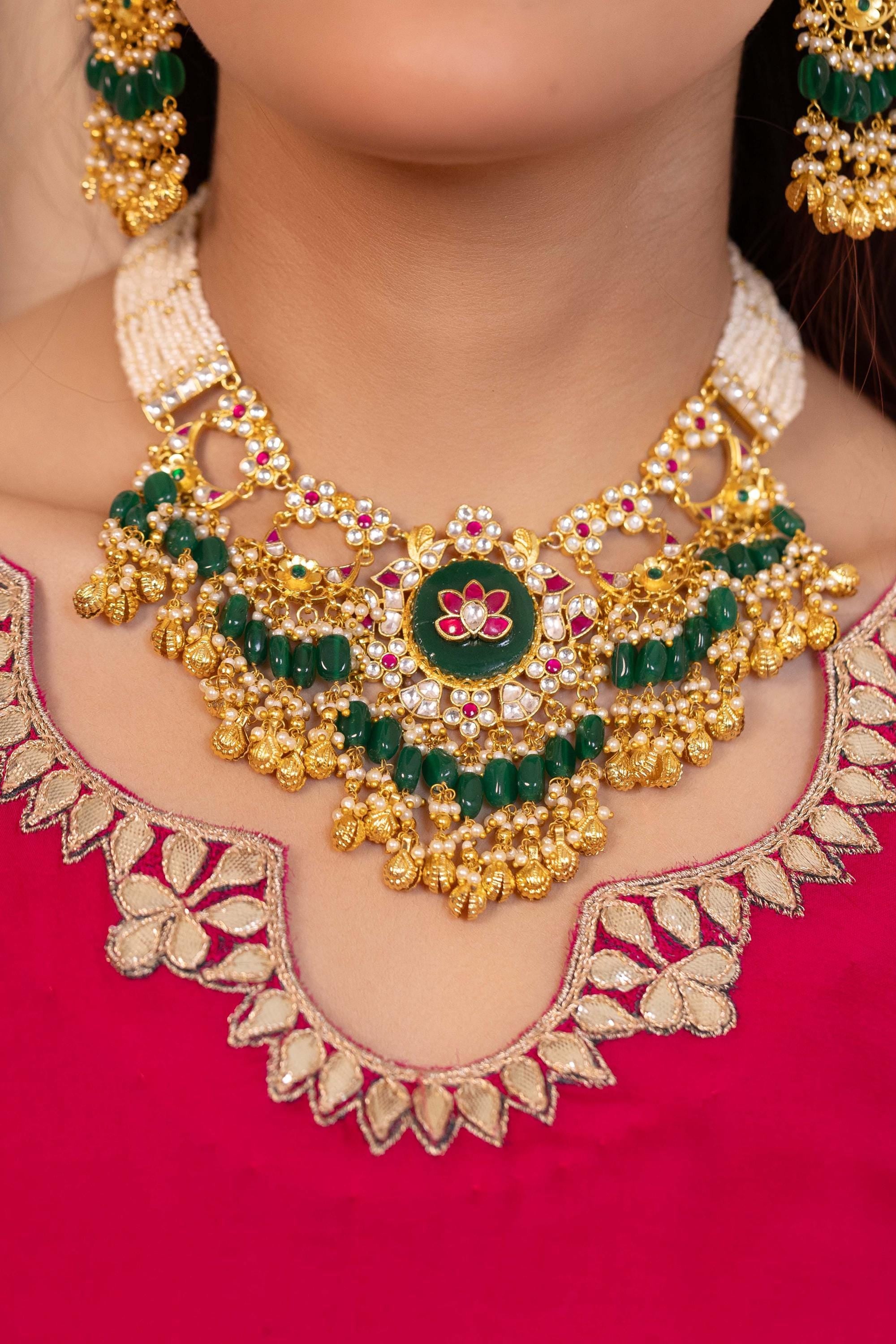Royal Jadau Kundan Choker Necklace Set  Meenakari Lotus Pendant, Pearl Strands, Earrings