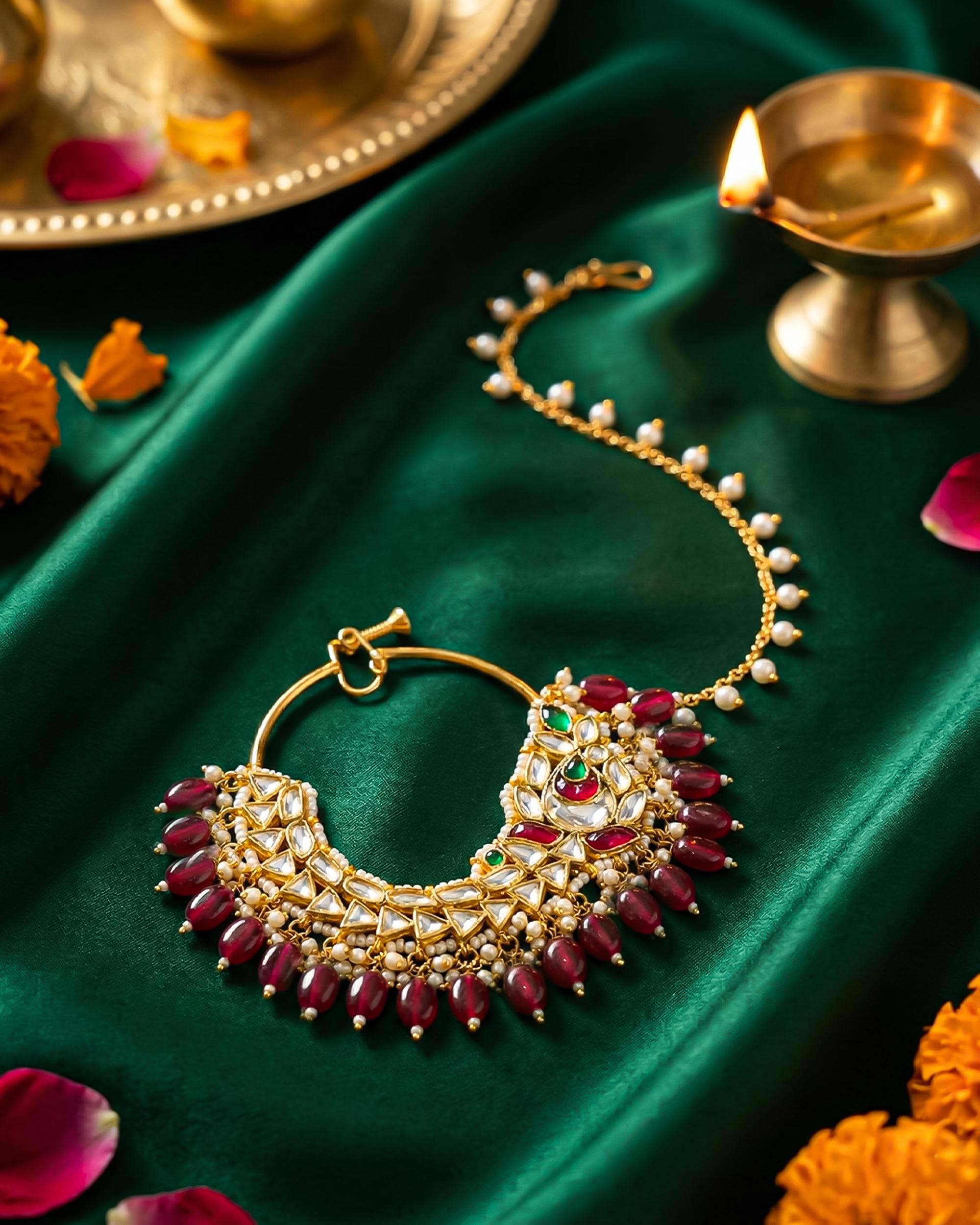 Heavy Kundan Bridal Nath | Ruby Green Pearl Drops, Sahara Chain Royal Jewelry