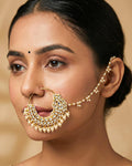 Heavy Bridal Kundan Nath with Pearl Clusters | Traditional Indian Wedding Nose Ring Sahara Chain