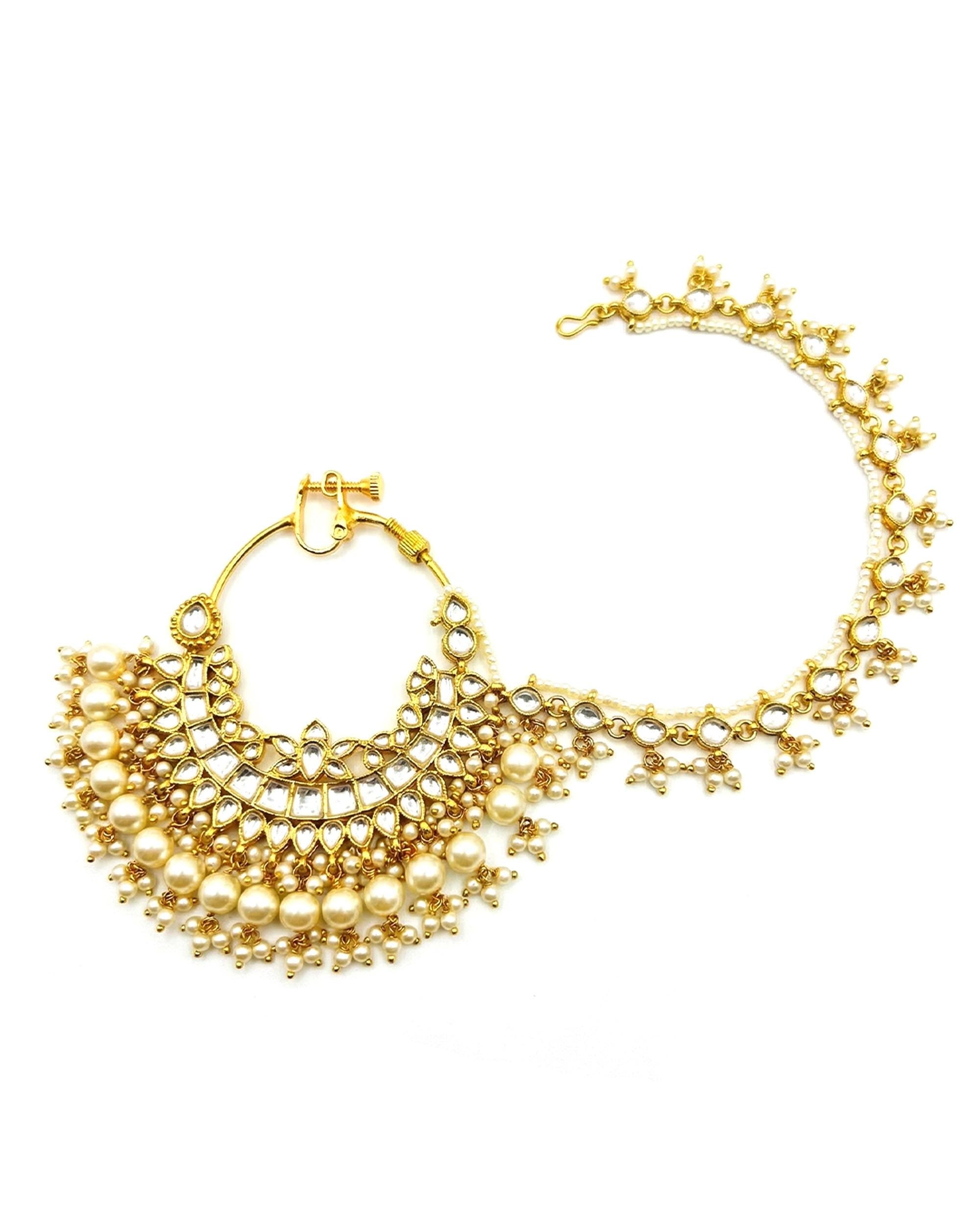 Kundan Bridal Nath with Pearl Clusters | Traditional Indian Wedding Nose Ring with Sahara Chain