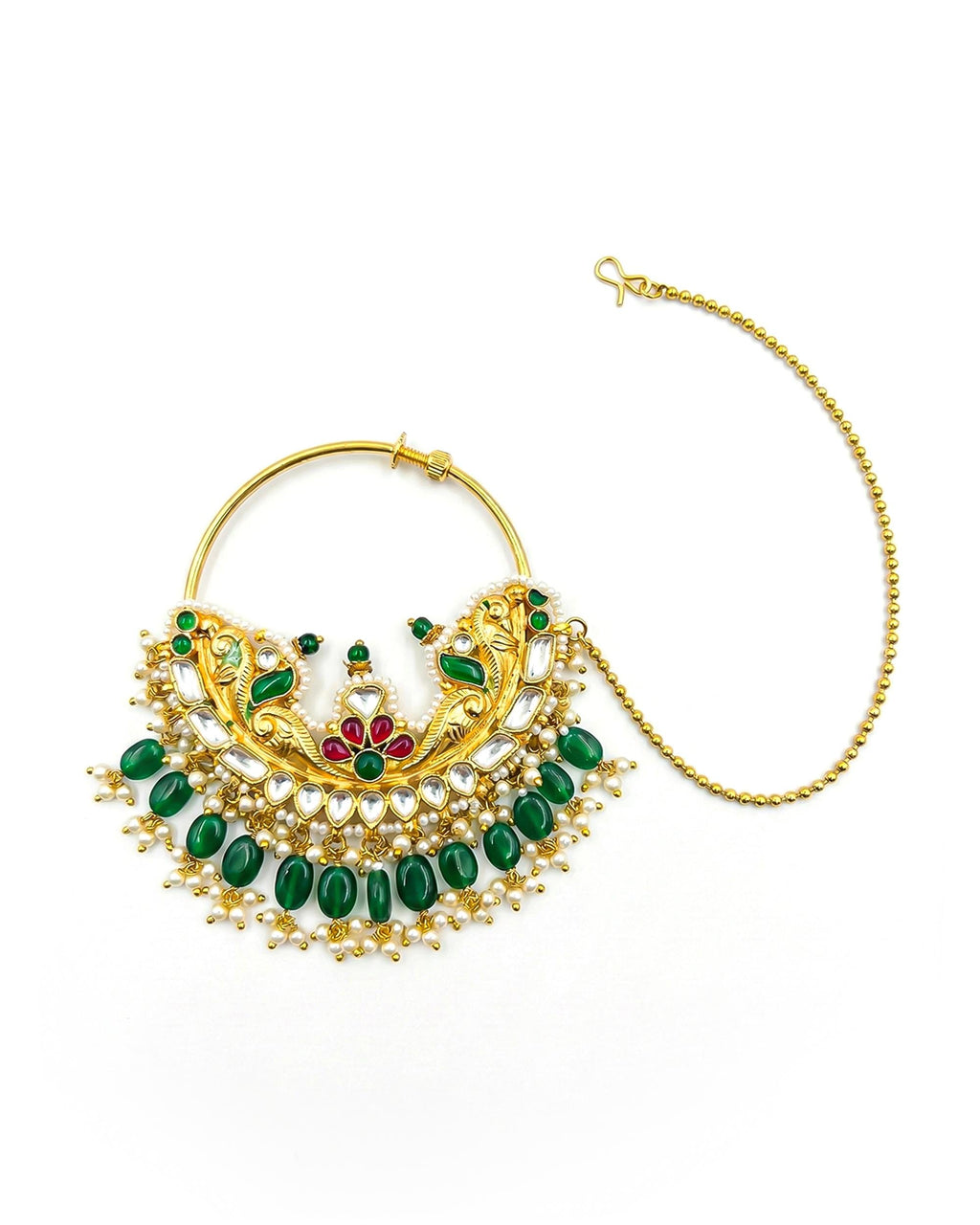 Heavy Royal Peacock Kundan Bridal Nath Emerald Ruby Enamel Pearl Drop Nose Ring Sahara Chain
