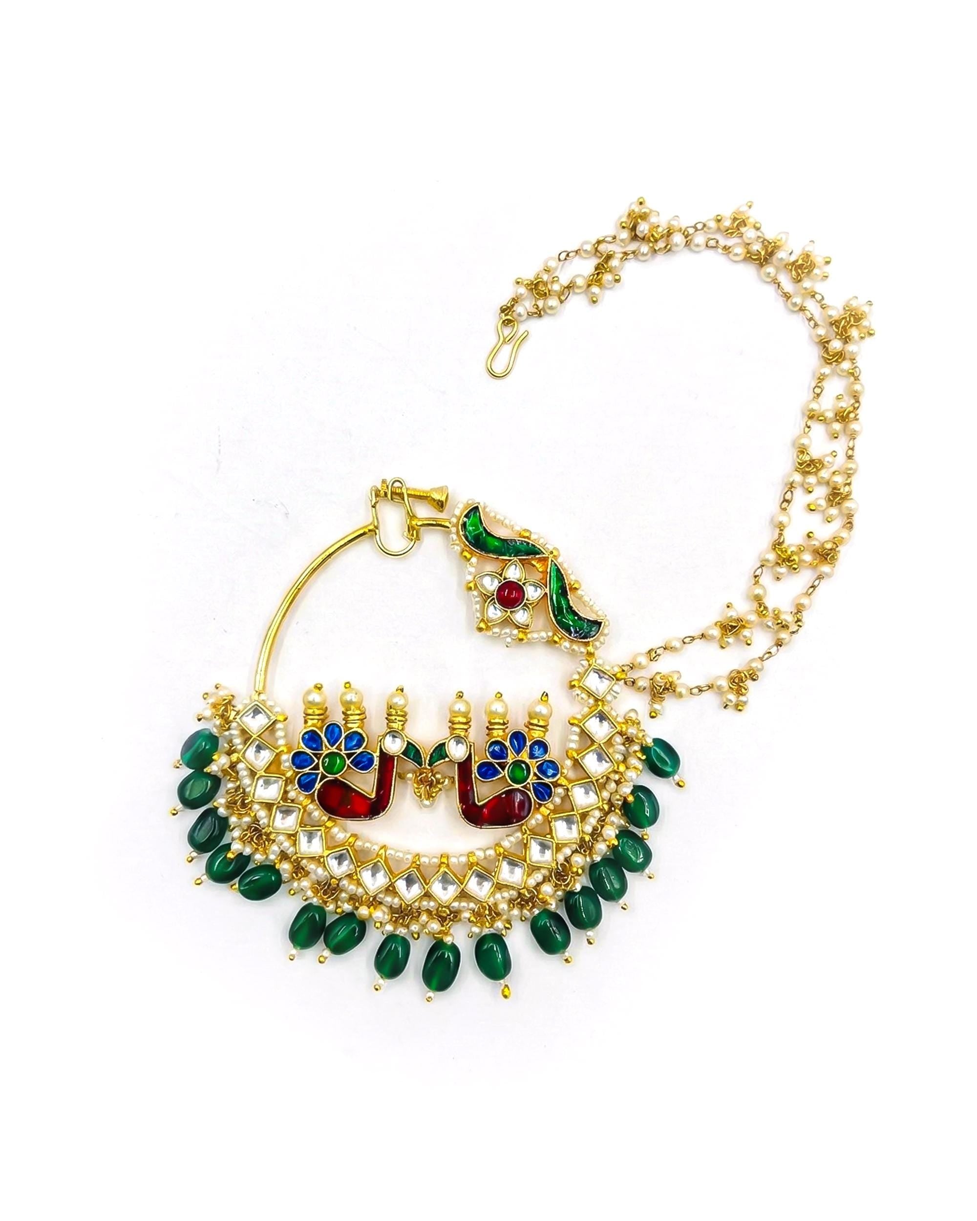 Royal Twin Peacock Meenakari Bridal Nath | Gold Plated Kundan Pearl Nose Ring Sahara Chain