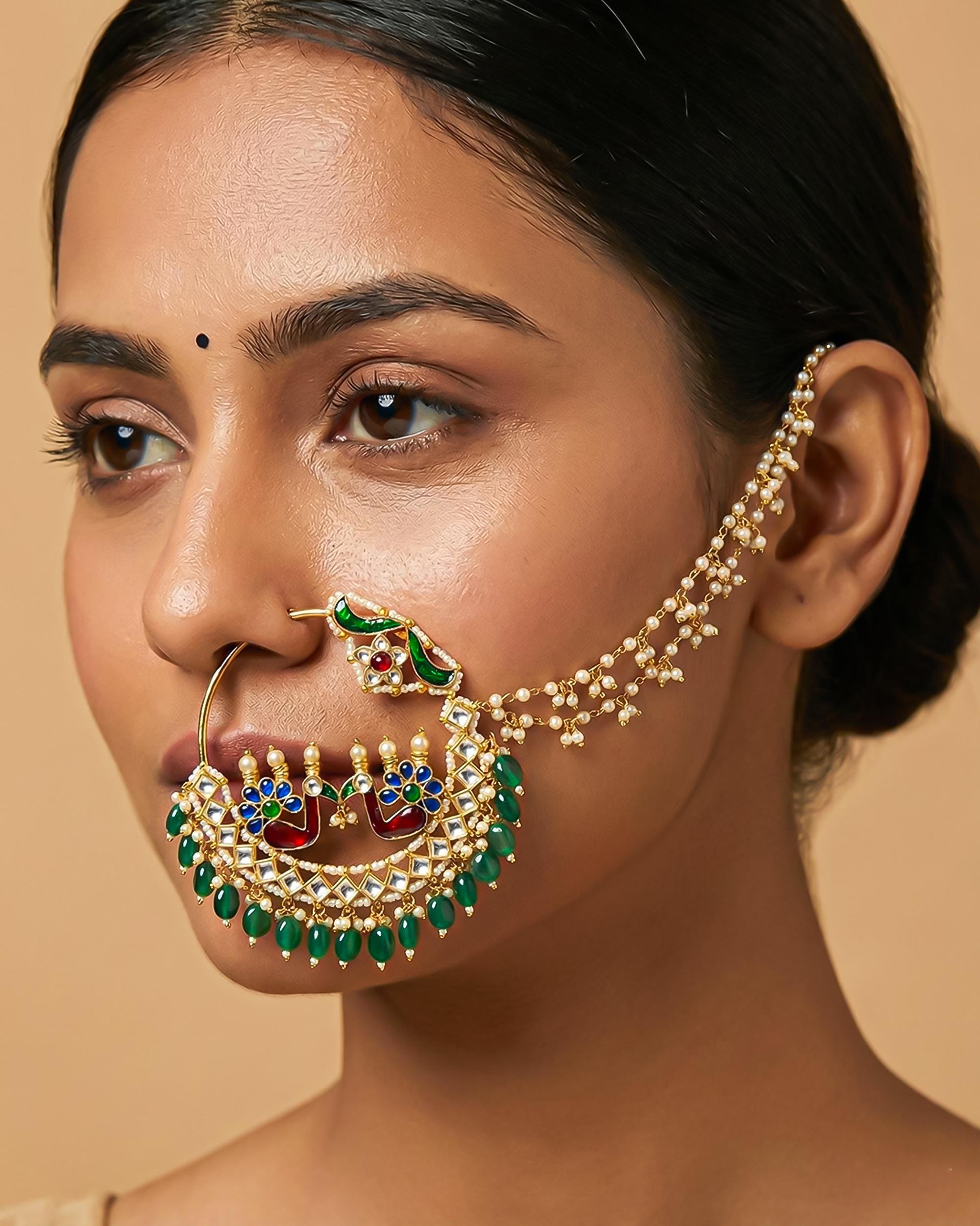 Royal Twin Peacock Meenakari Bridal Nath | Gold Plated Kundan Pearl Nose Ring Sahara Chain