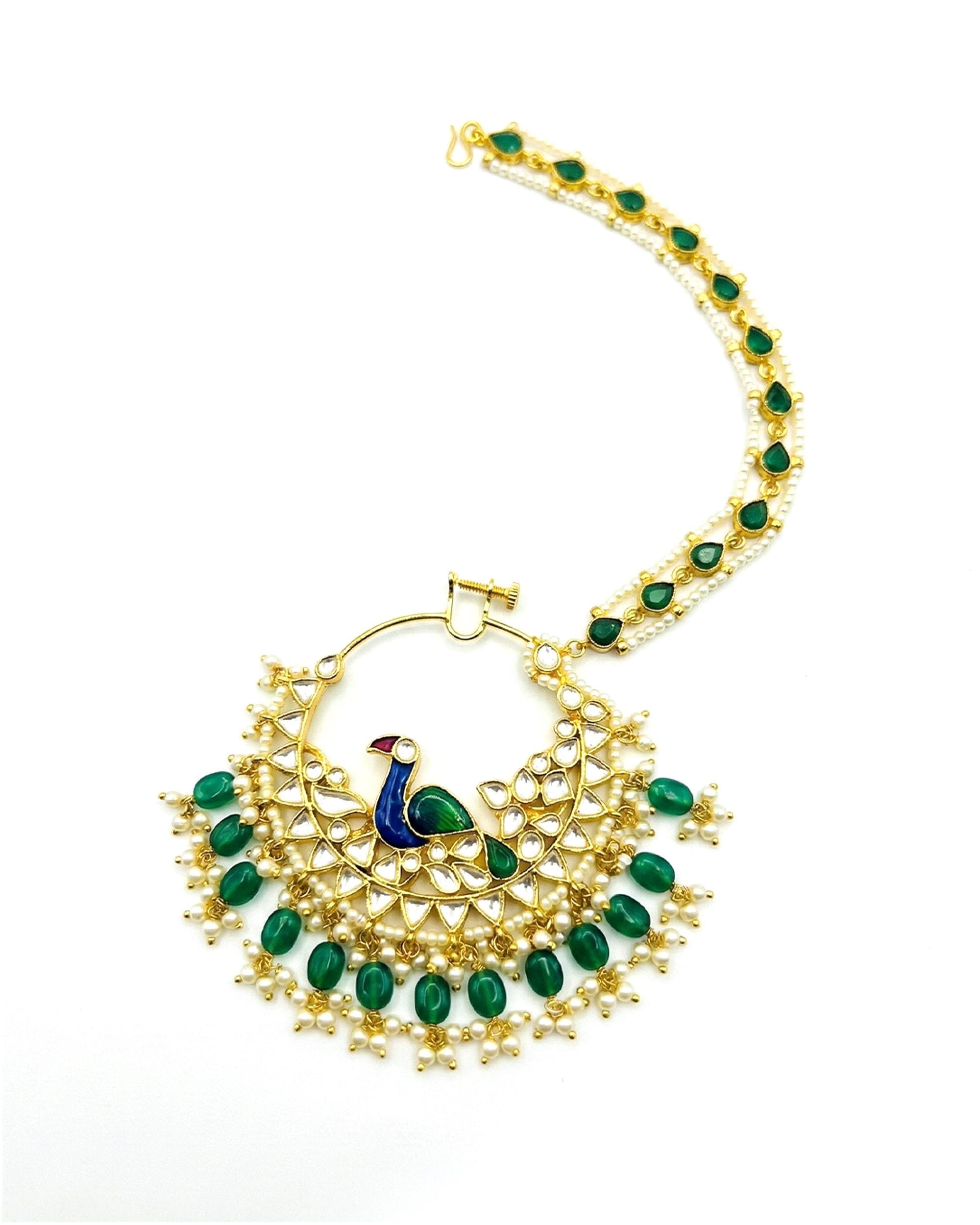 Royal Peacock Meenakari Bridal Nath | Gold Plated Kundan Emerald Nose Ring with Sahara Chain