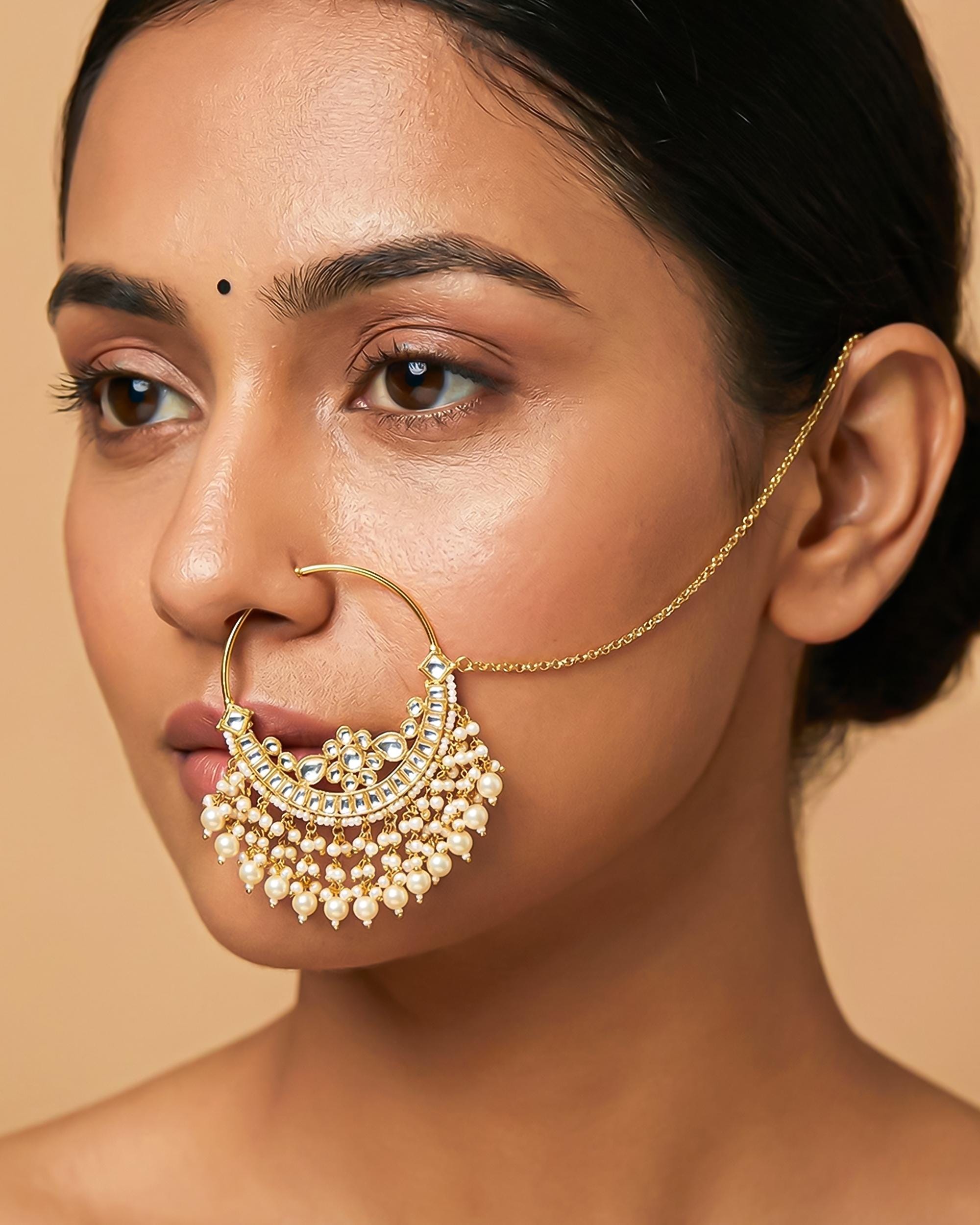 Heavy Kundan Bridal Nath | Ruby Emerald Accents, Pearl Waterfall Nose Ring