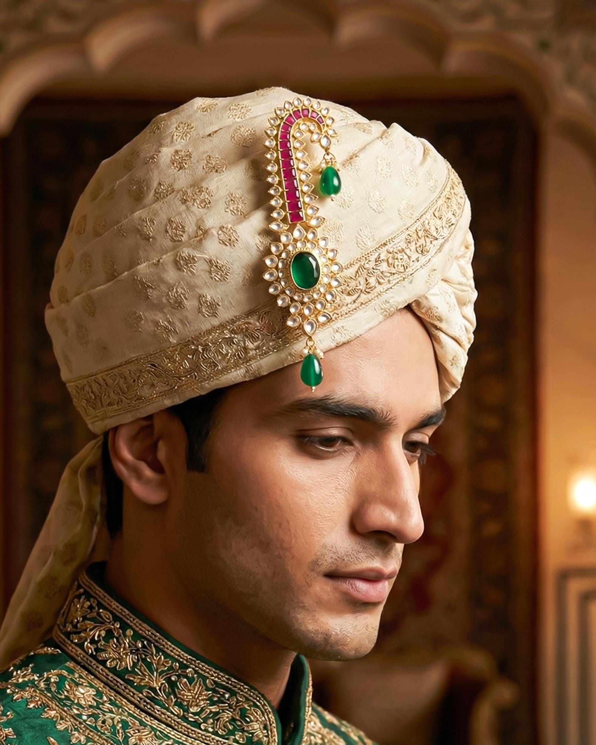 Royal Groom Kalangi Turban Brooch | Gold Plated Paisley Safa Pin with Kundan, Ruby, Emerald