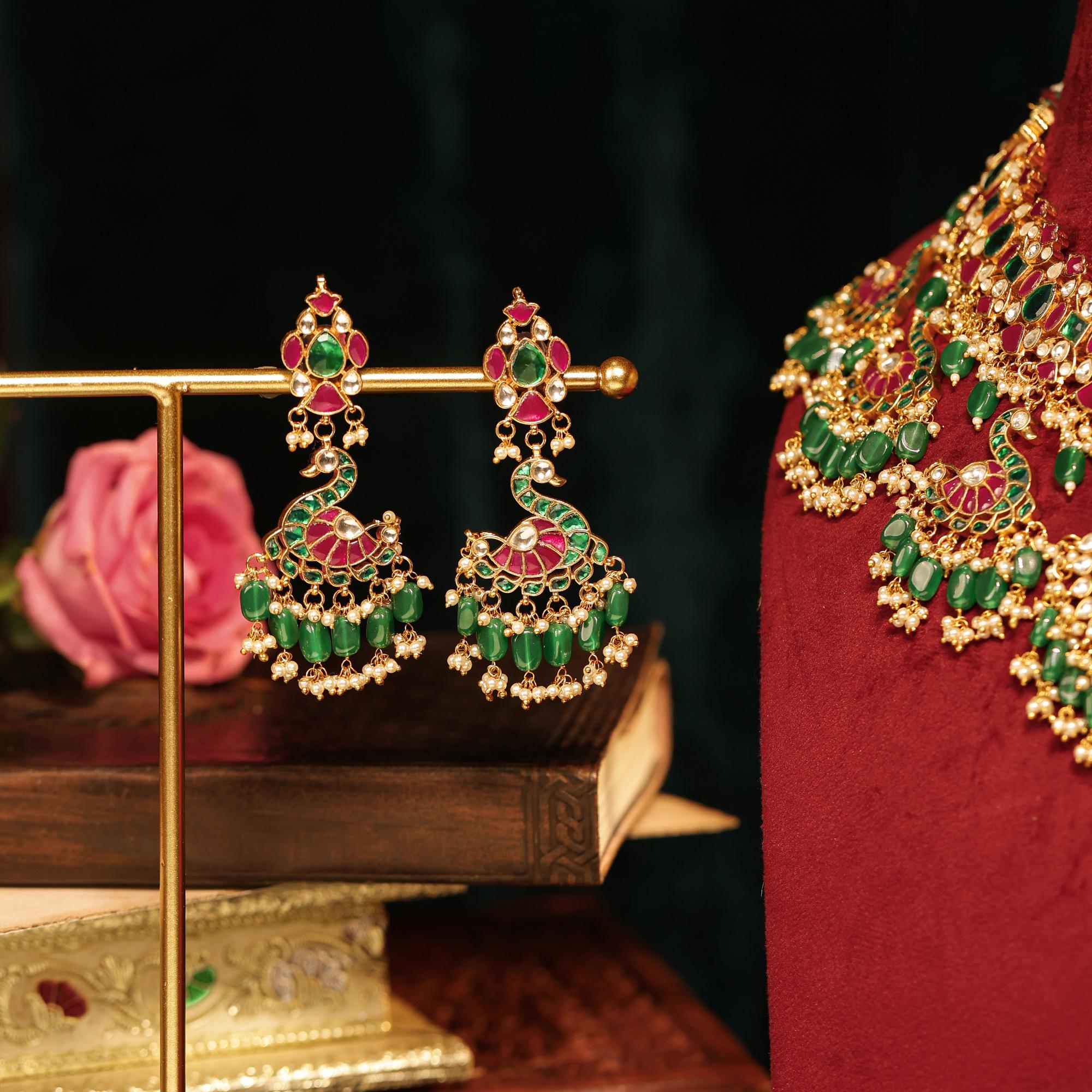 bridal jewelry set Royal Peacock Kundan Necklace Set Jhumka Earrings  Indian Bridal Choker  Green Ruby Meenakari Jewelry