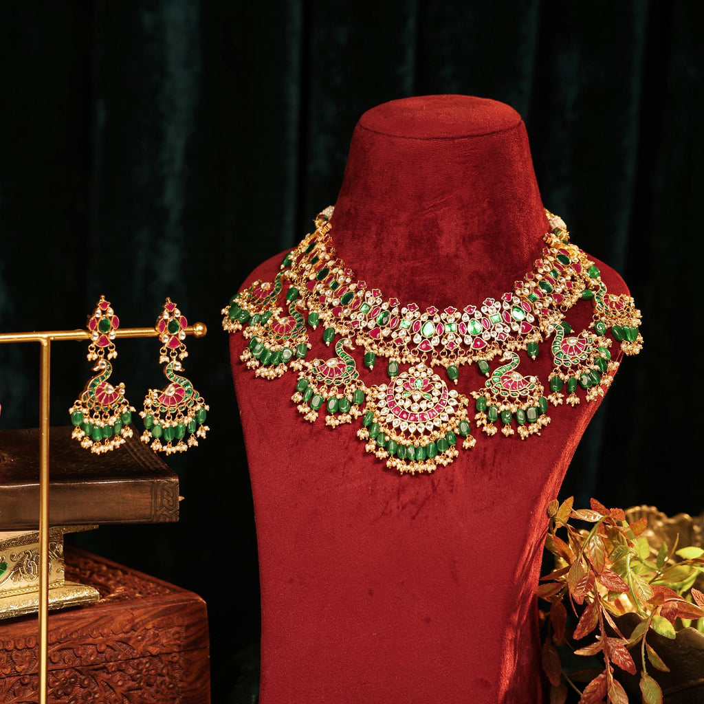 bridal jewelry set Royal Peacock Kundan Necklace Set Jhumka Earrings  Indian Bridal Choker  Green Ruby Meenakari Jewelry