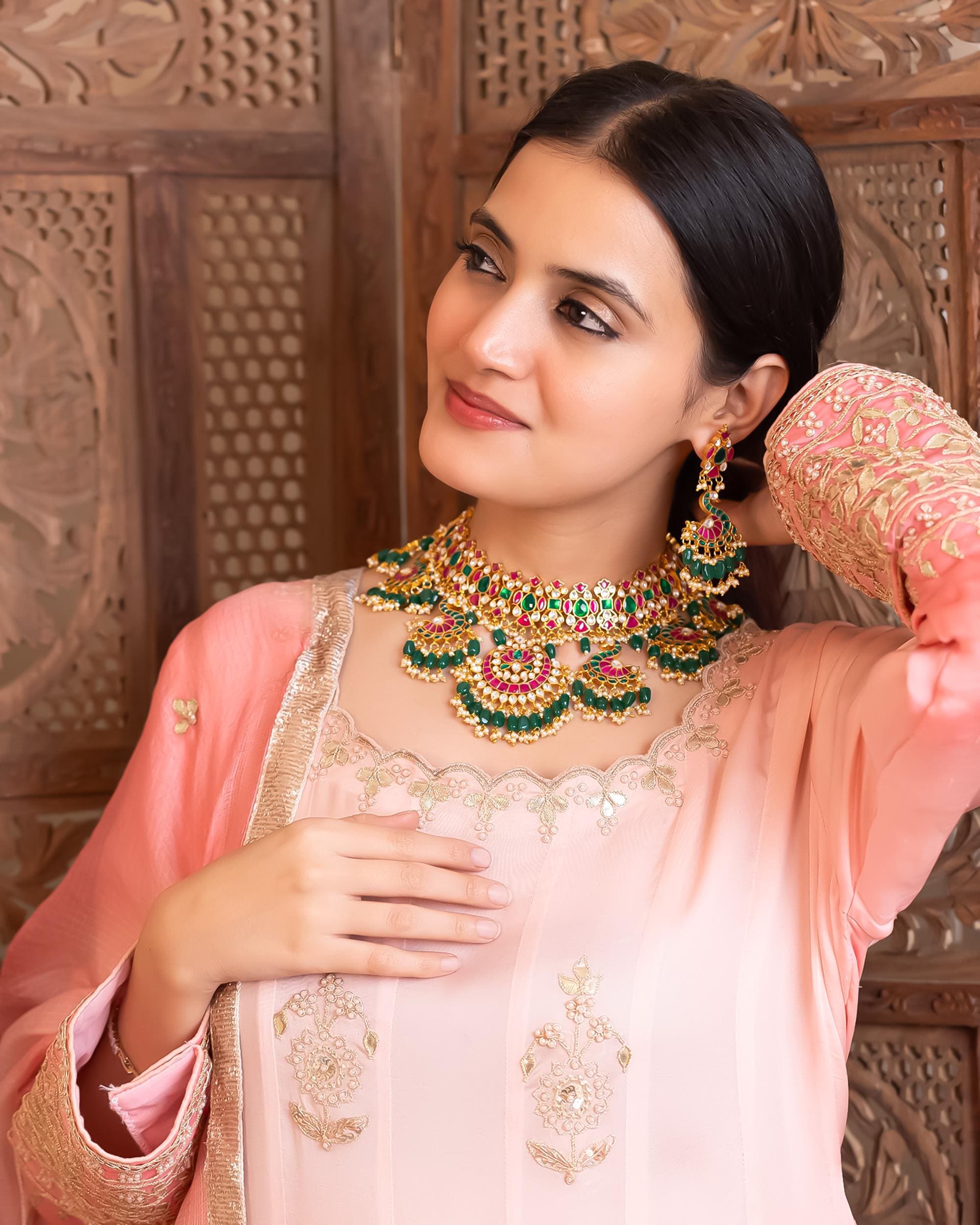 bridal jewelry set Royal Peacock Kundan Necklace Set Jhumka Earrings  Indian Bridal Choker  Green Ruby Meenakari Jewelry