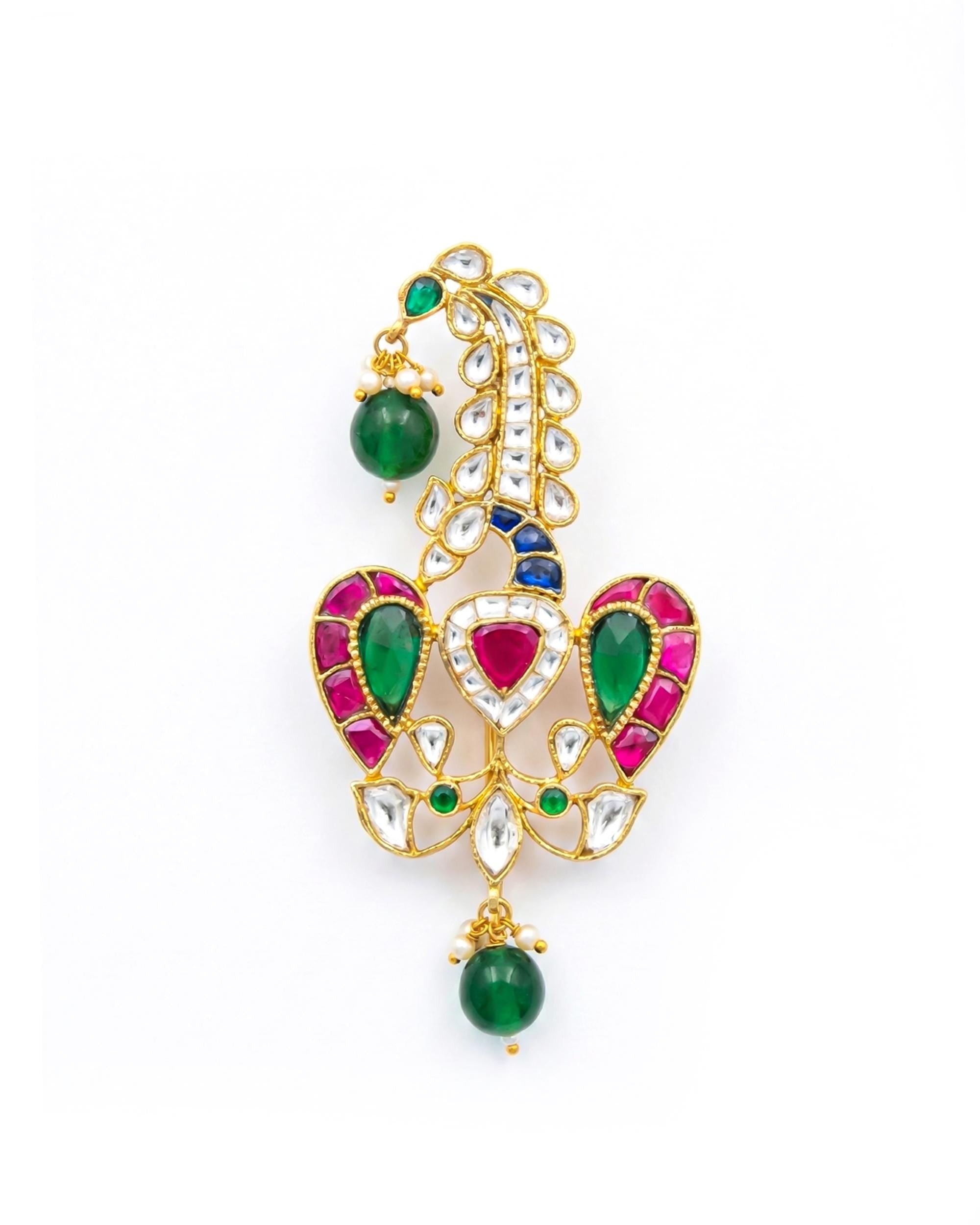Royal Groom Sarpech Turban Brooch | Gold Plated Bird Motif, Kundan Emeralds