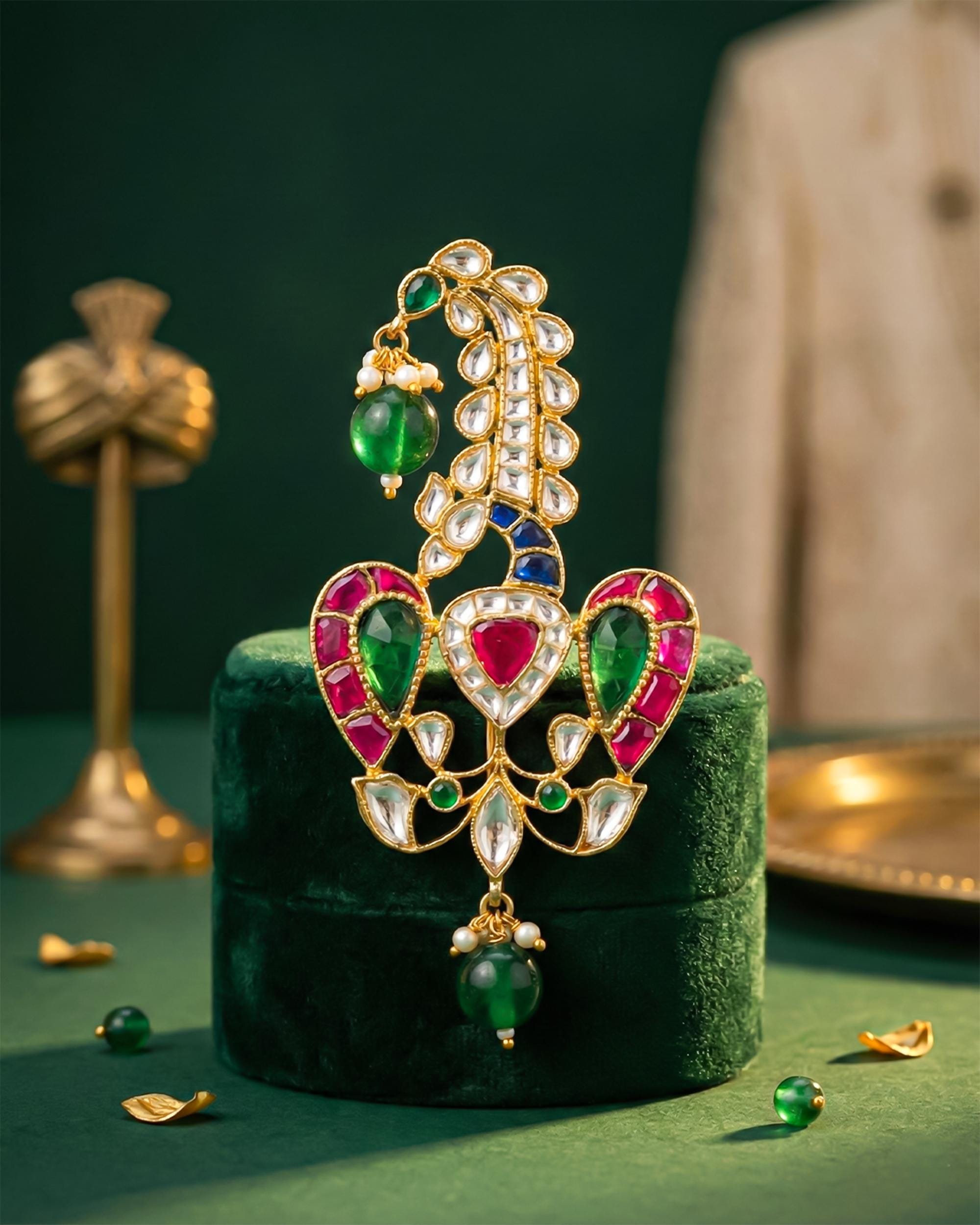 Royal Groom Sarpech Turban Brooch | Gold Plated Bird Motif, Kundan Emeralds