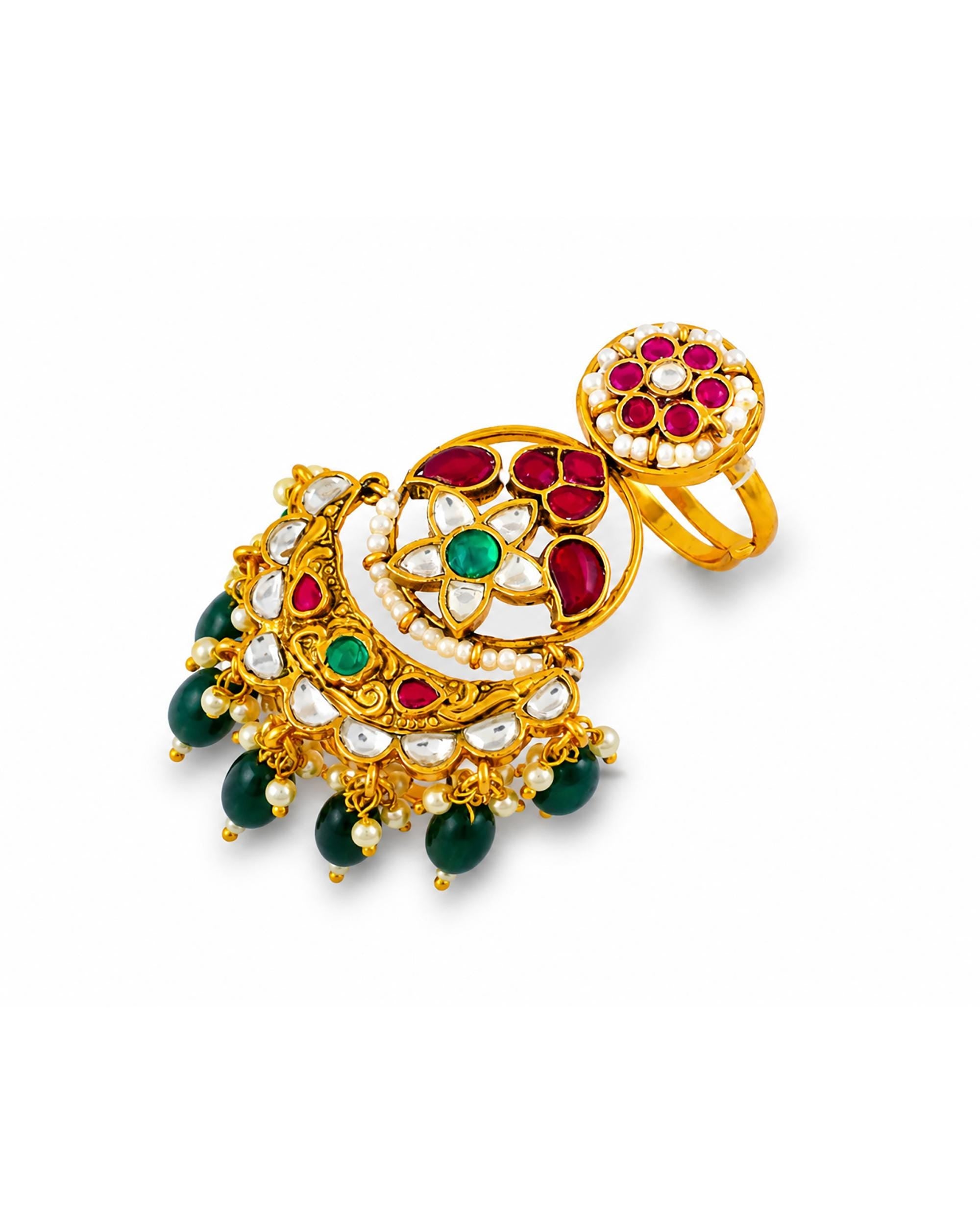 Traditional Kundan Adjustable Ring | Green & Ruby Red Stone Ring | Pearl Dangle Ethnic Ring | Indian Bridal Jewelry | Festive Statement Ring