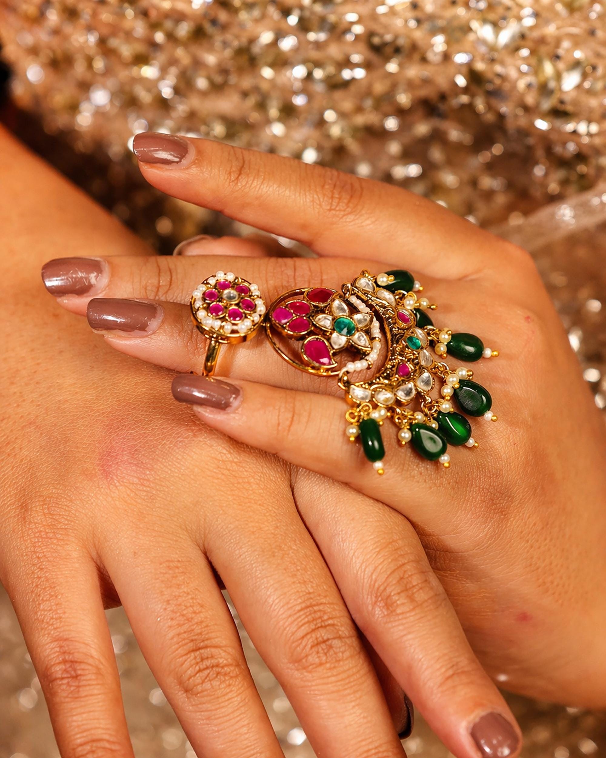 Traditional Kundan Adjustable Ring | Green & Ruby Red Stone Ring | Pearl Dangle Ethnic Ring | Indian Bridal Jewelry | Festive Statement Ring