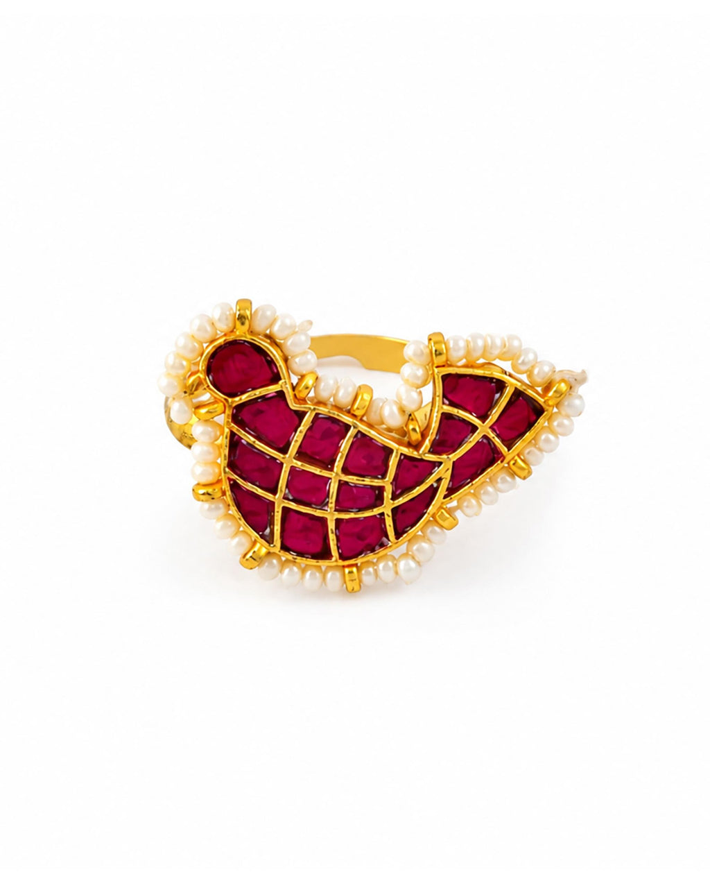 Ruby Red Jadau Ring with Pearl Border | Gold Plated Paisley Statement Ring