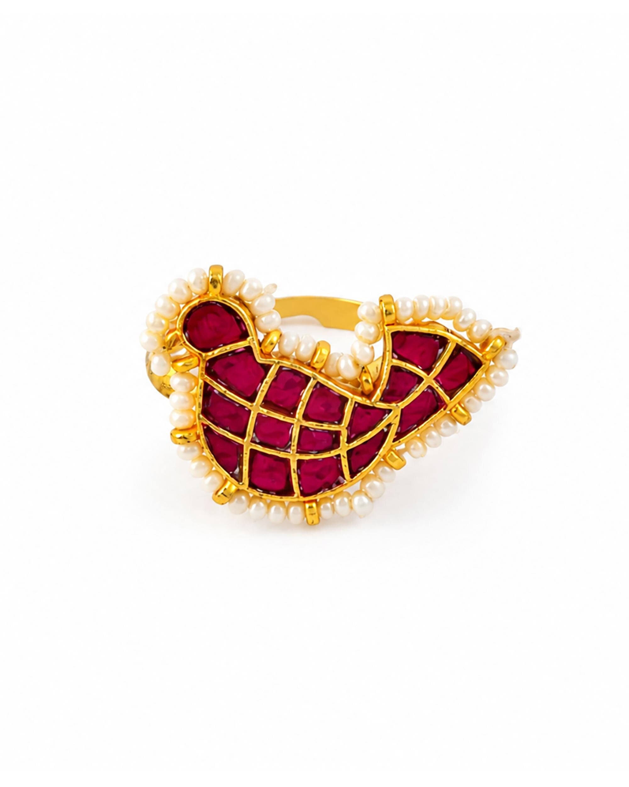 Ruby Red Jadau Ring with Pearl Border | Gold Plated Paisley Statement Ring