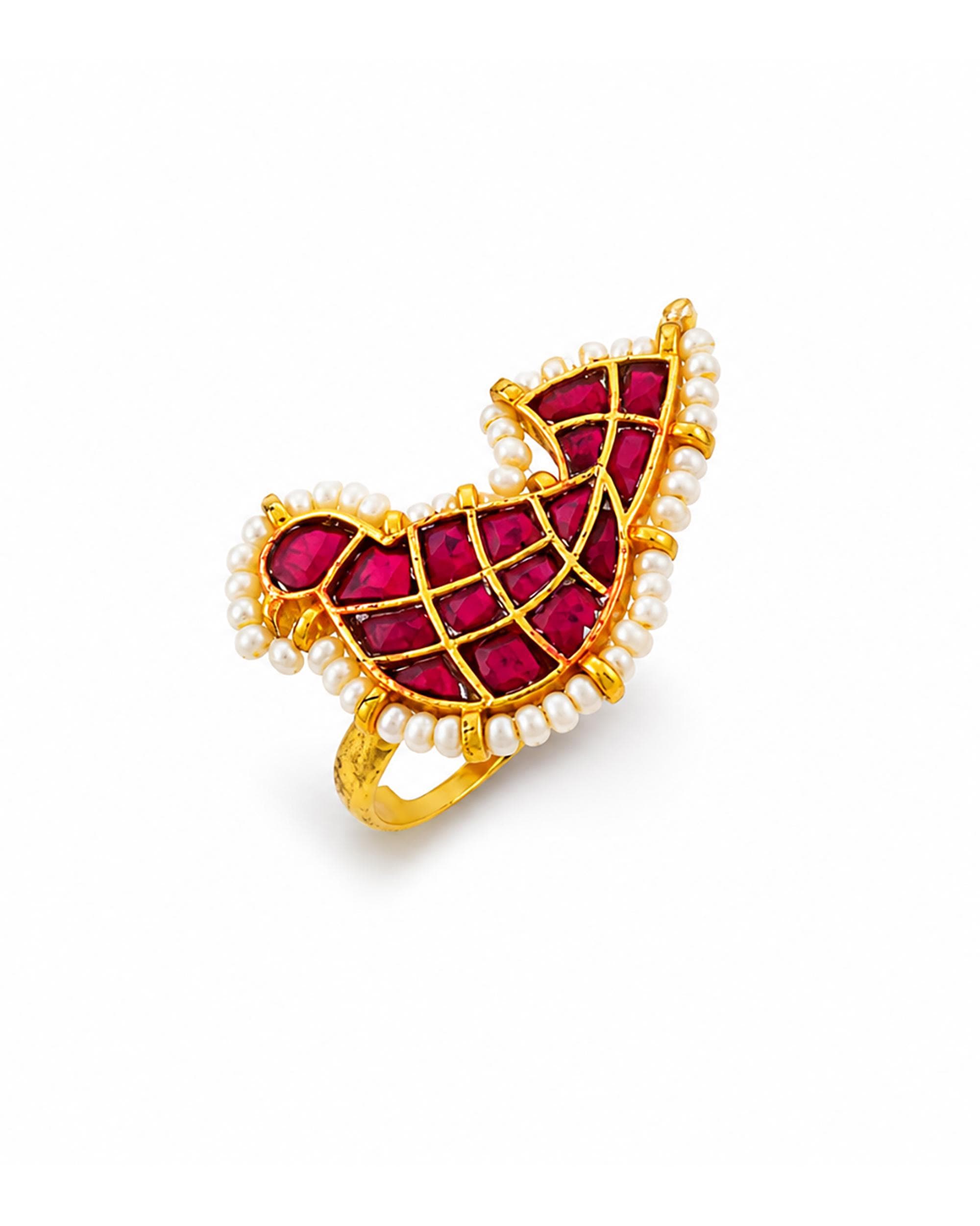 Ruby Red Jadau Ring with Pearl Border | Gold Plated Paisley Statement Ring