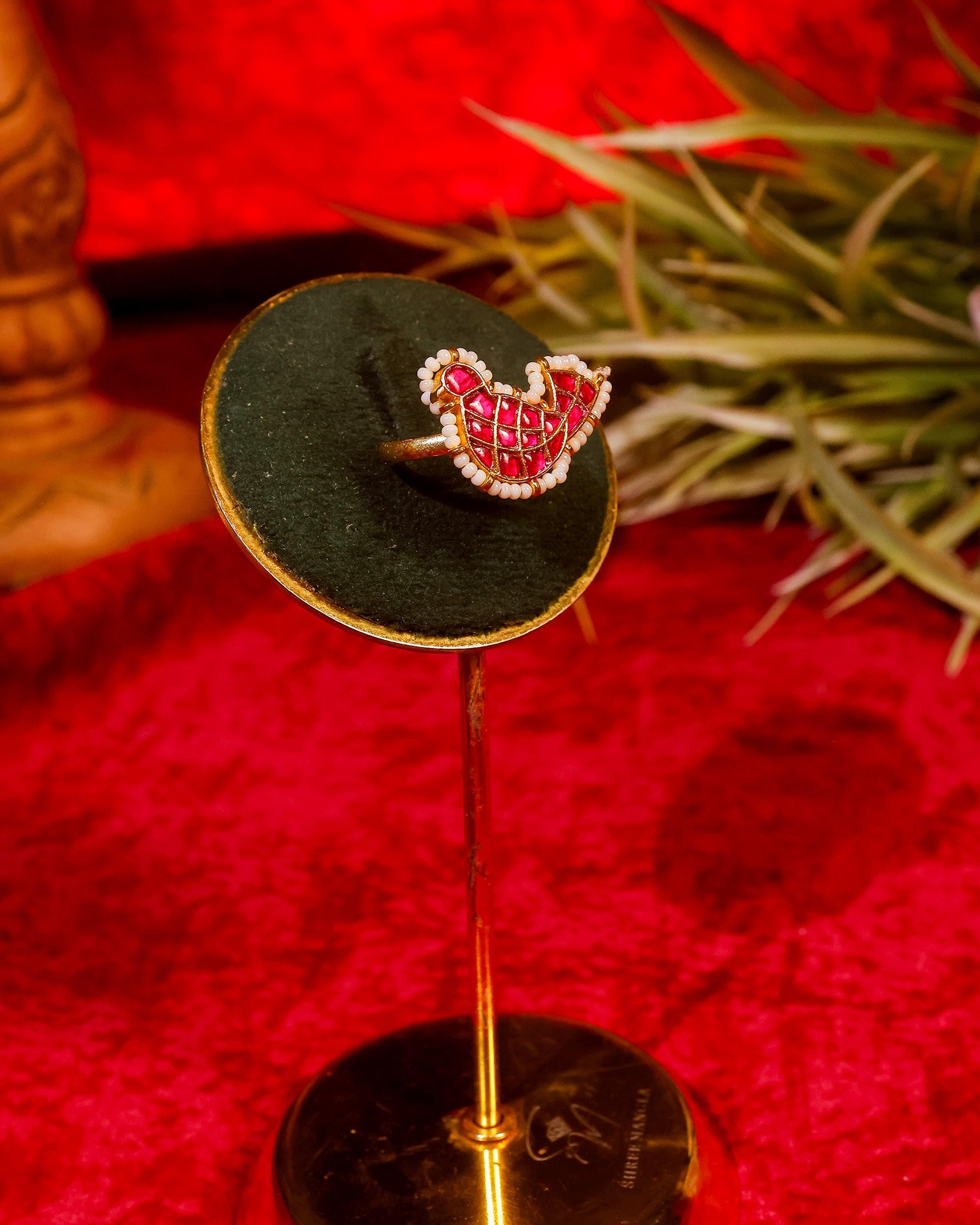 Ruby Red Jadau Ring with Pearl Border | Gold Plated Paisley Statement Ring