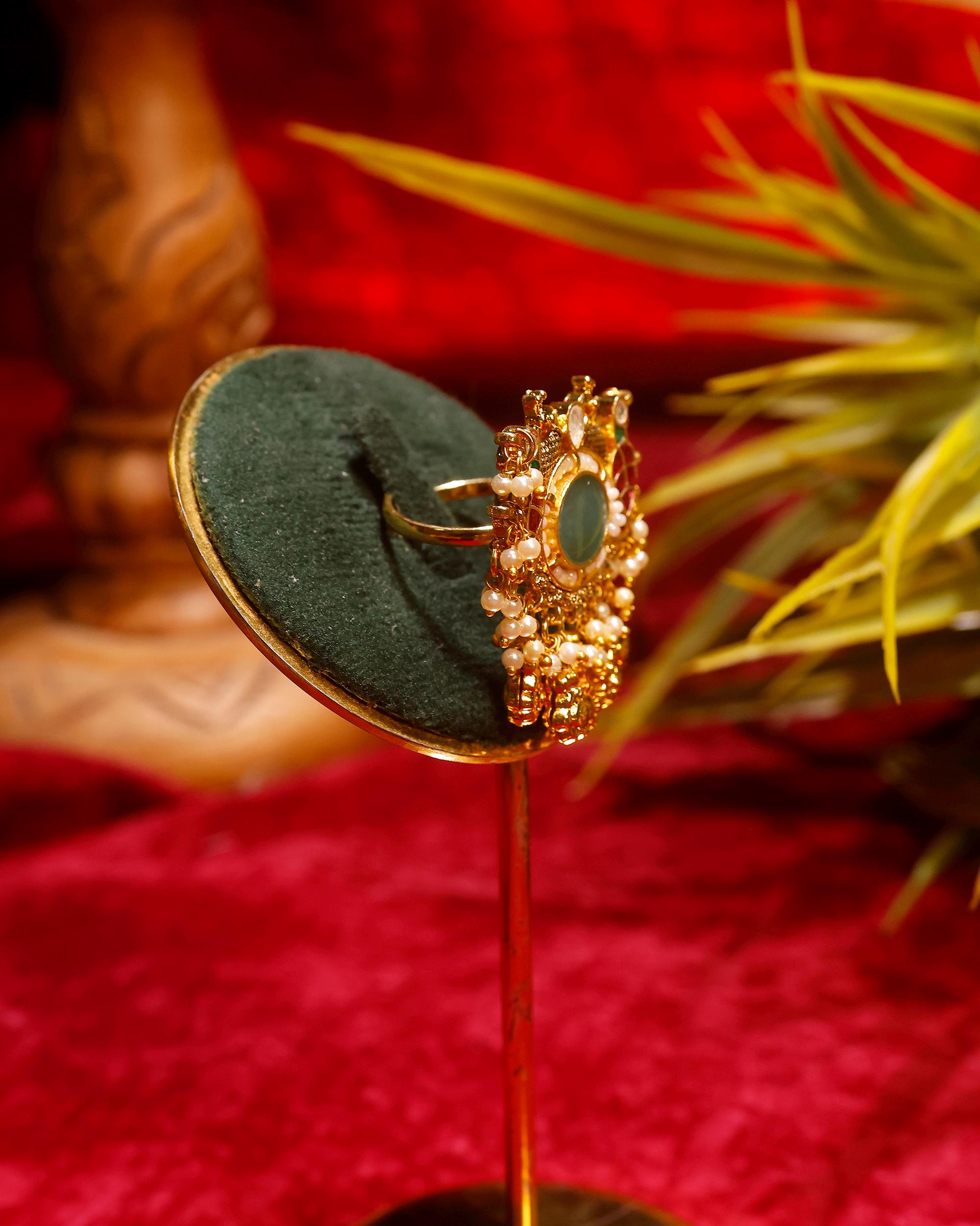 desi jewelry Multicolor Jadau Kundan Chandbali Ring | Emerald Ruby Statement Bridal Jewelry