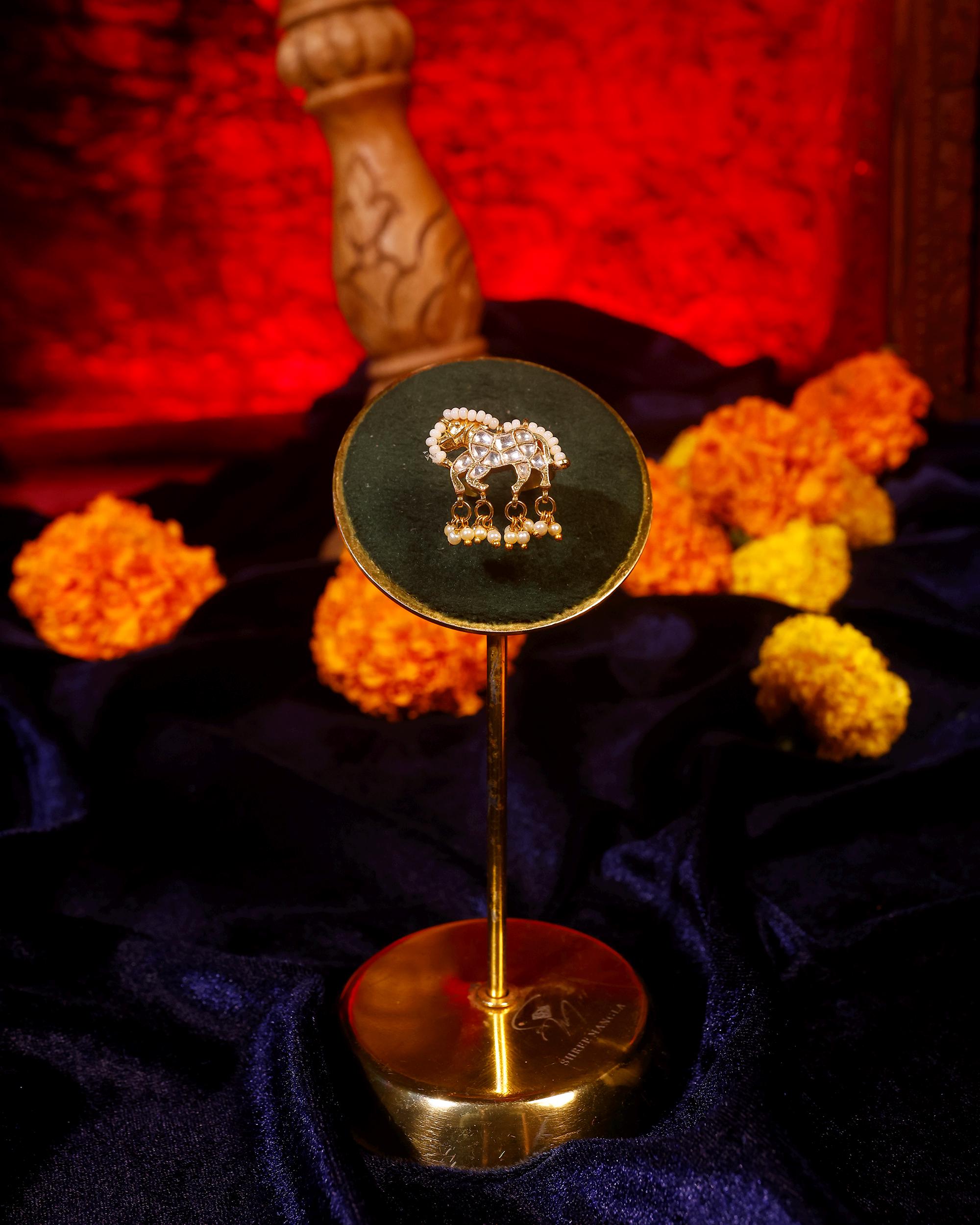 Royal Horse Kundan Ring with Pearl Drops | Gold Plated Rajasthani Statement Jewelry