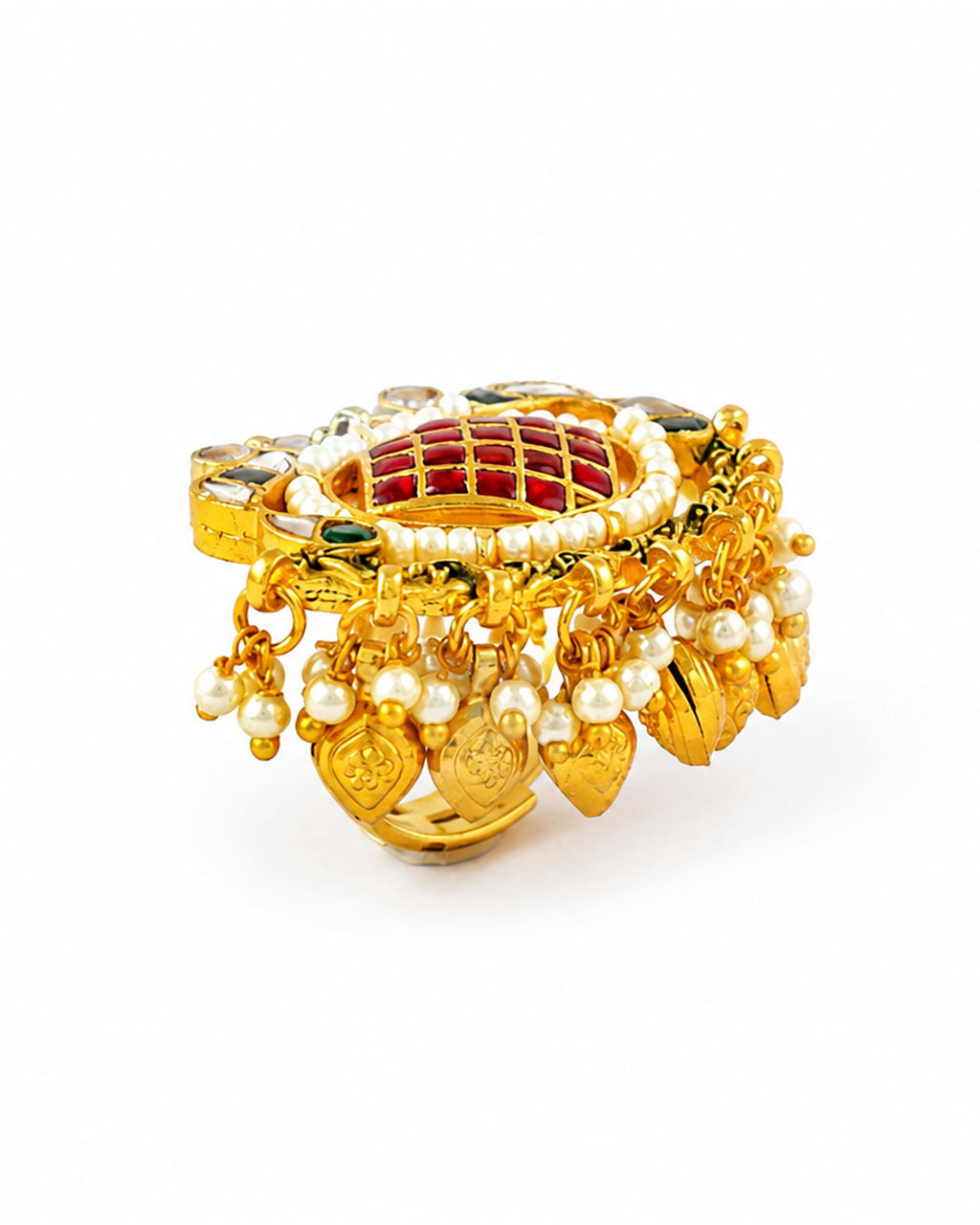Gold Plated Kundan Cocktail Ring | Ruby Red Gemstones, Pearls, Adjustable Shank