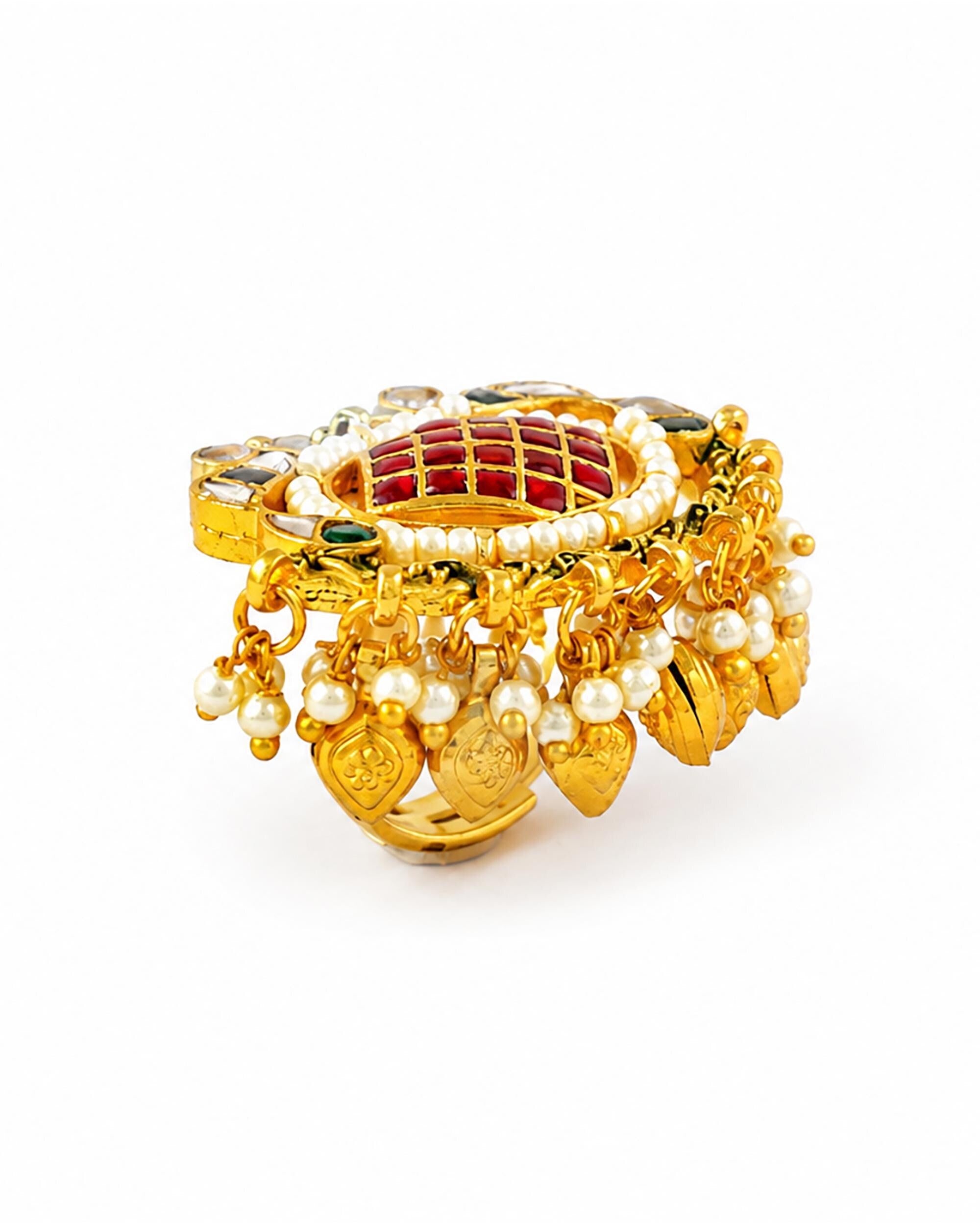 Gold Plated Kundan Cocktail Ring | Ruby Red Gemstones, Pearls, Adjustable Shank
