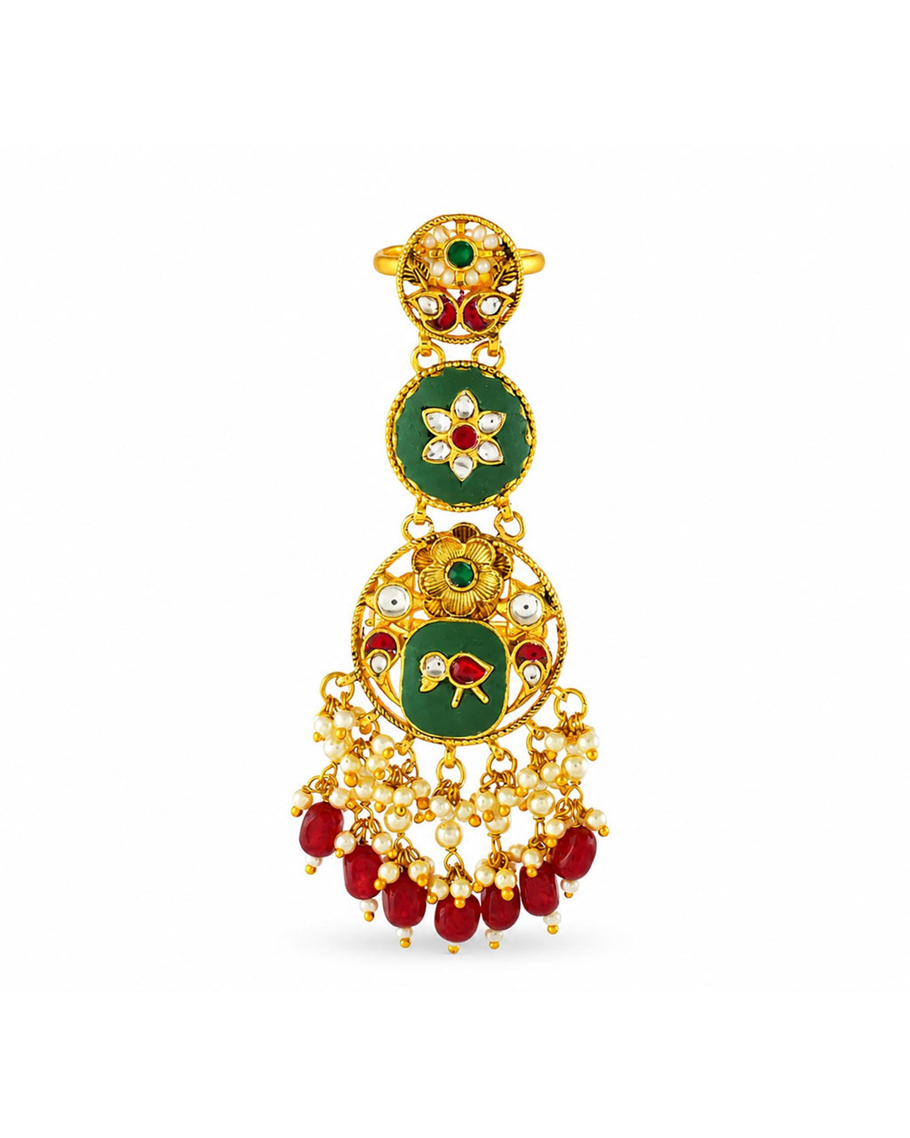 Devyani Multi Tier Jadau Ring | Hathphool Kundan Hand Armor | Green Meenakari Bridal Statement Jewelry