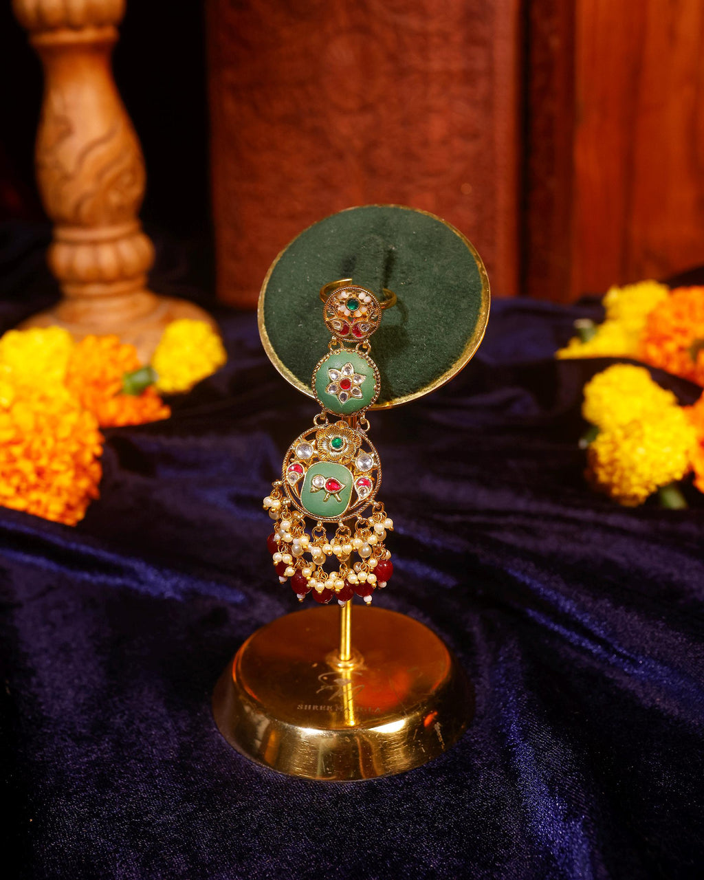 Devyani Multi Tier Jadau Ring | Hathphool Kundan Hand Armor | Green Meenakari Bridal Statement Jewelry