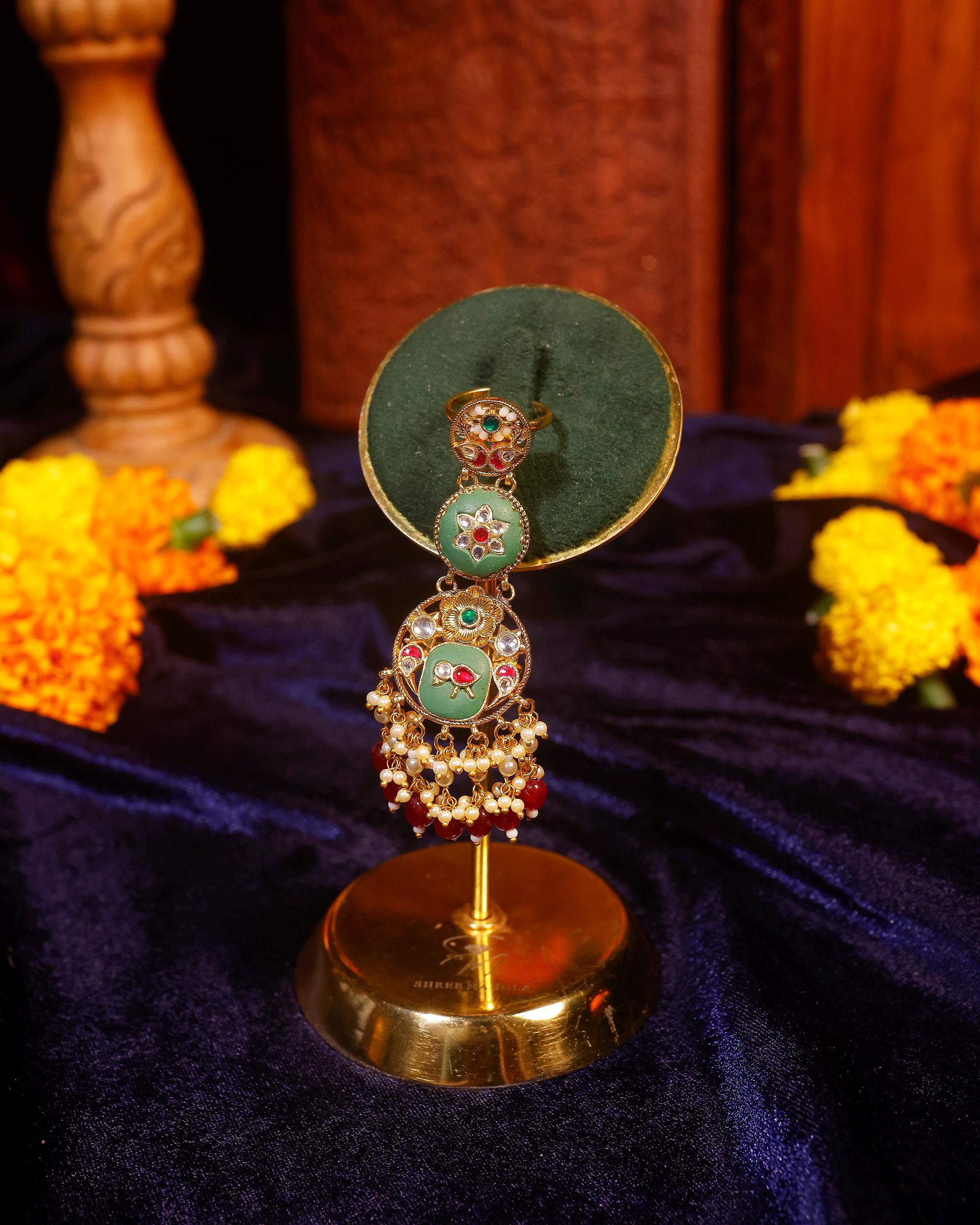 Devyani Multi Tier Jadau Ring | Hathphool Kundan Hand Armor | Green Meenakari Bridal Statement Jewelry