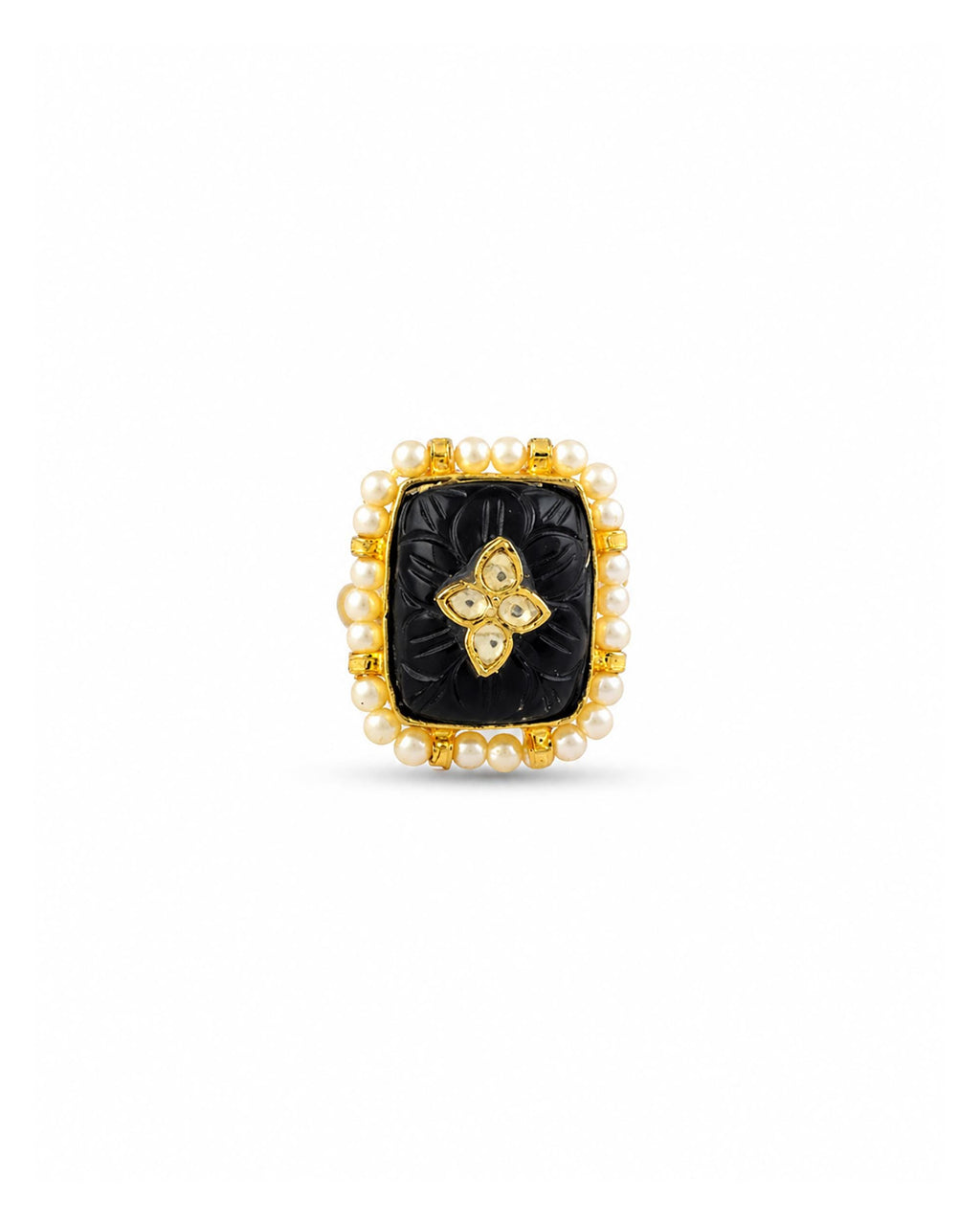 Vintage Jasper Stone Ring with Kundan Flower | Gold Plated Pearl Border Statement Ring