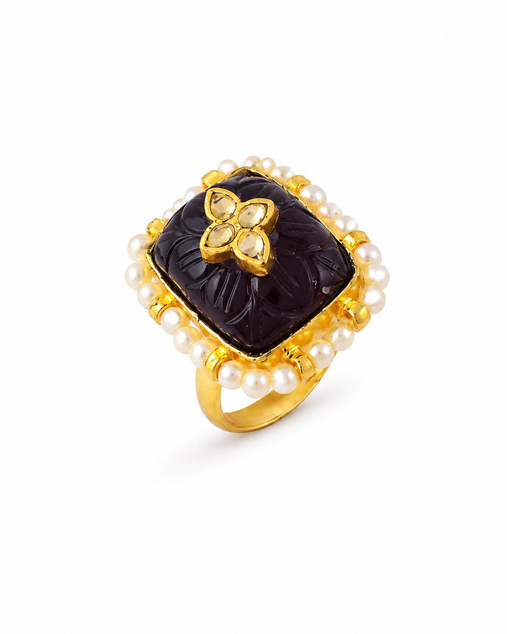 Vintage Jasper Stone Ring with Kundan Flower | Gold Plated Pearl Border Statement Ring